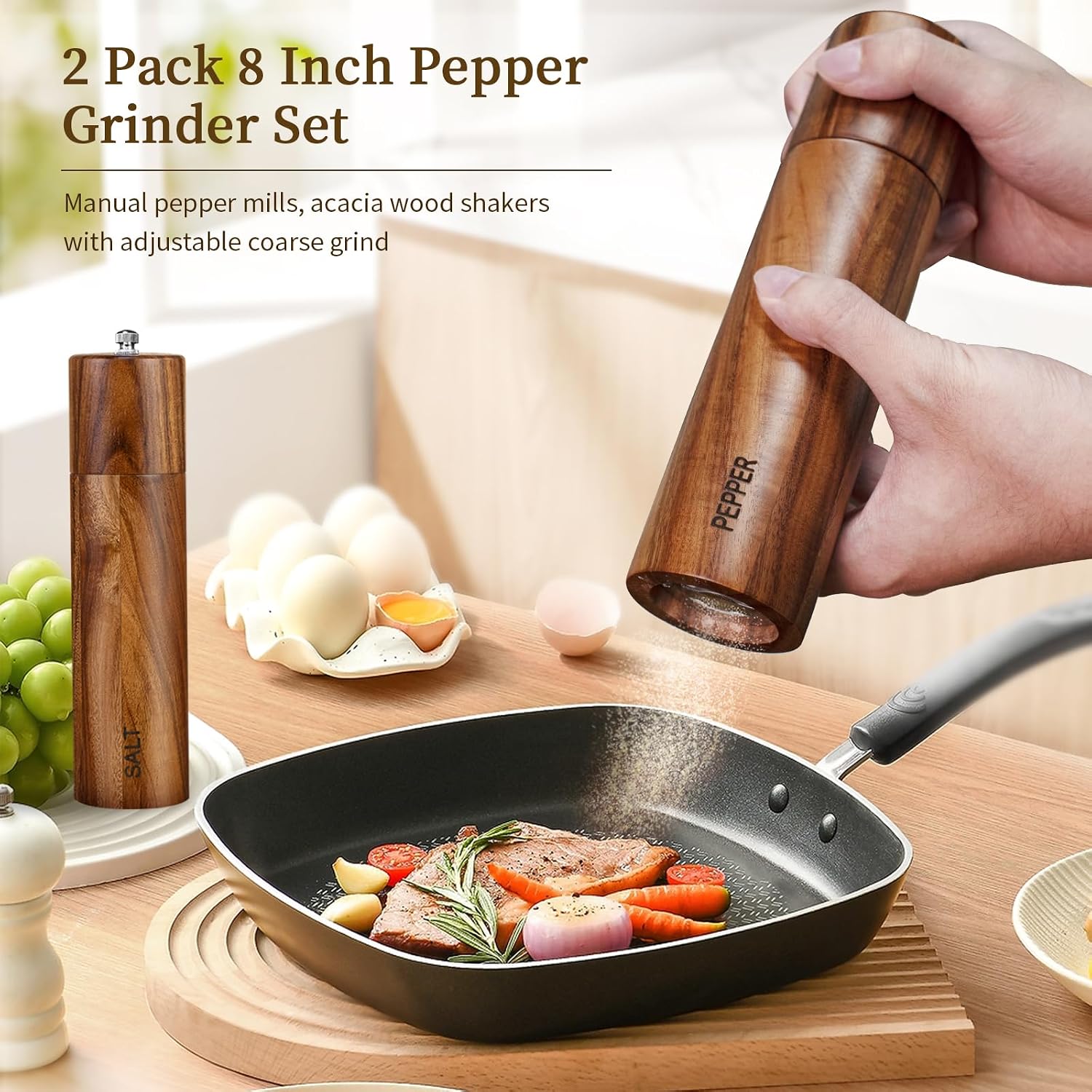 Detalle 2 de Haomacro Acacia Wood Salt and Pepper Grinder Set, 8-Inch, Refillable