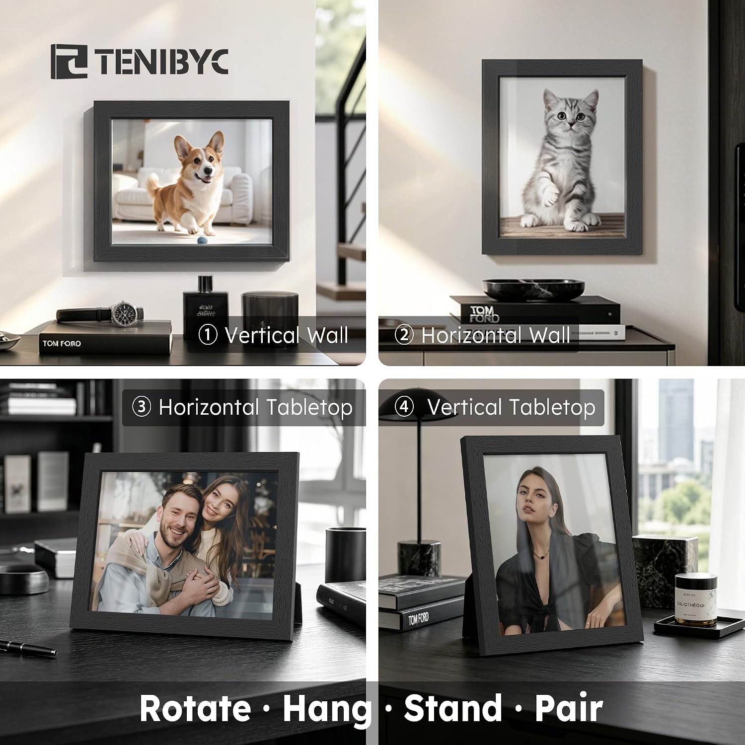 Detalle de TENIBYC 5x7 Picture Frame 3 Pack – Black Woodgrain, Solid Wood & HD Tempered Glass