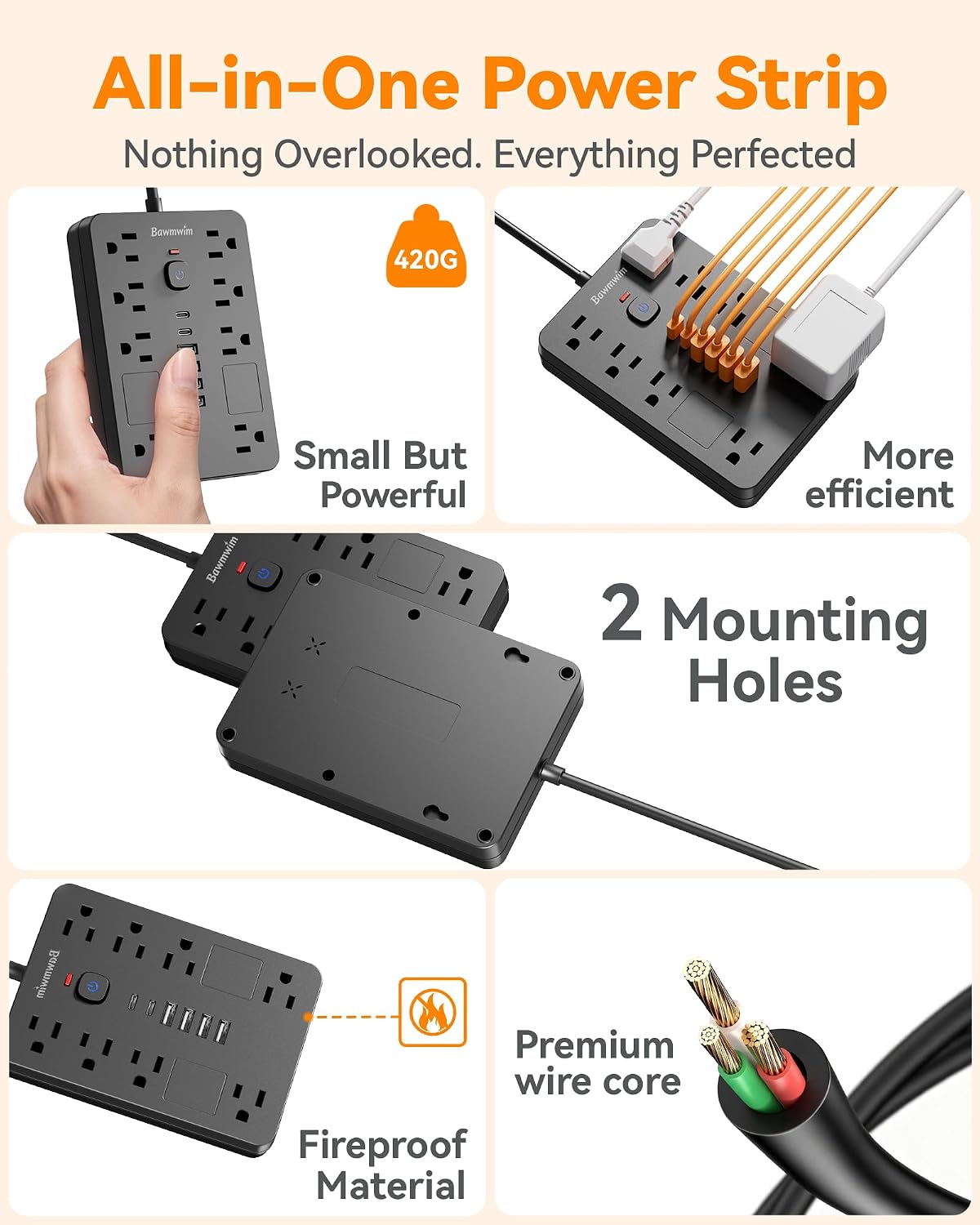 Thumbnail 6 de Bawmwim Surge Protector Power Strip: 8 Outlets, 6 USB Ports, 6ft Flat Plug, ETL Listed