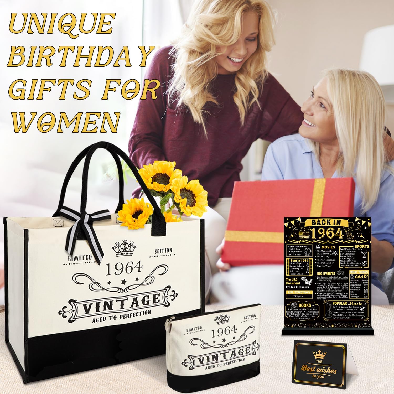 Thumbnail 2 de YeohJoy 62nd Birthday Gift Set Tote Bag with Cosmetic Bag & “Back in 1964” Poster