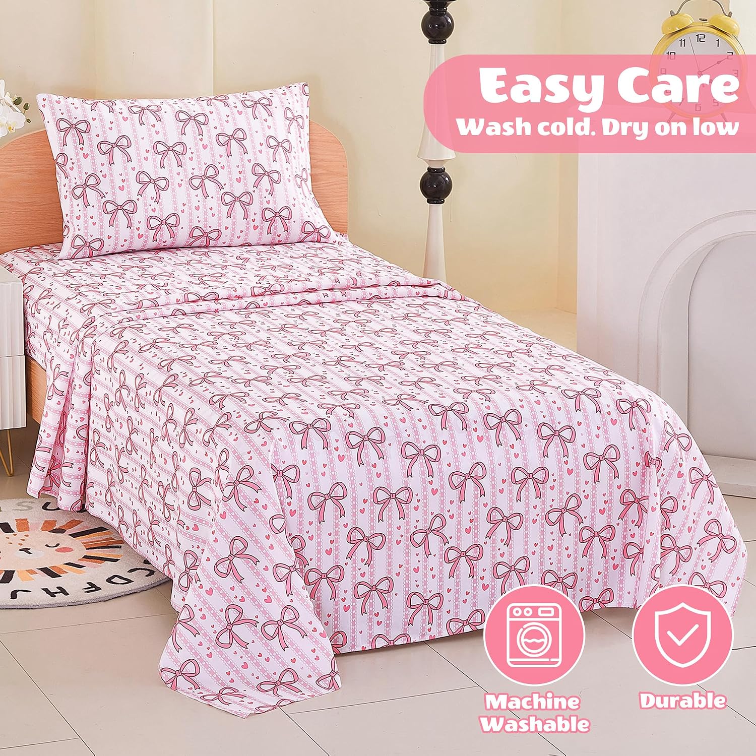 Thumbnail 6 de Viviland VLKDSHT-PB-T Twin Sheet Set, Pink Bow Microfiber, Deep Pocket