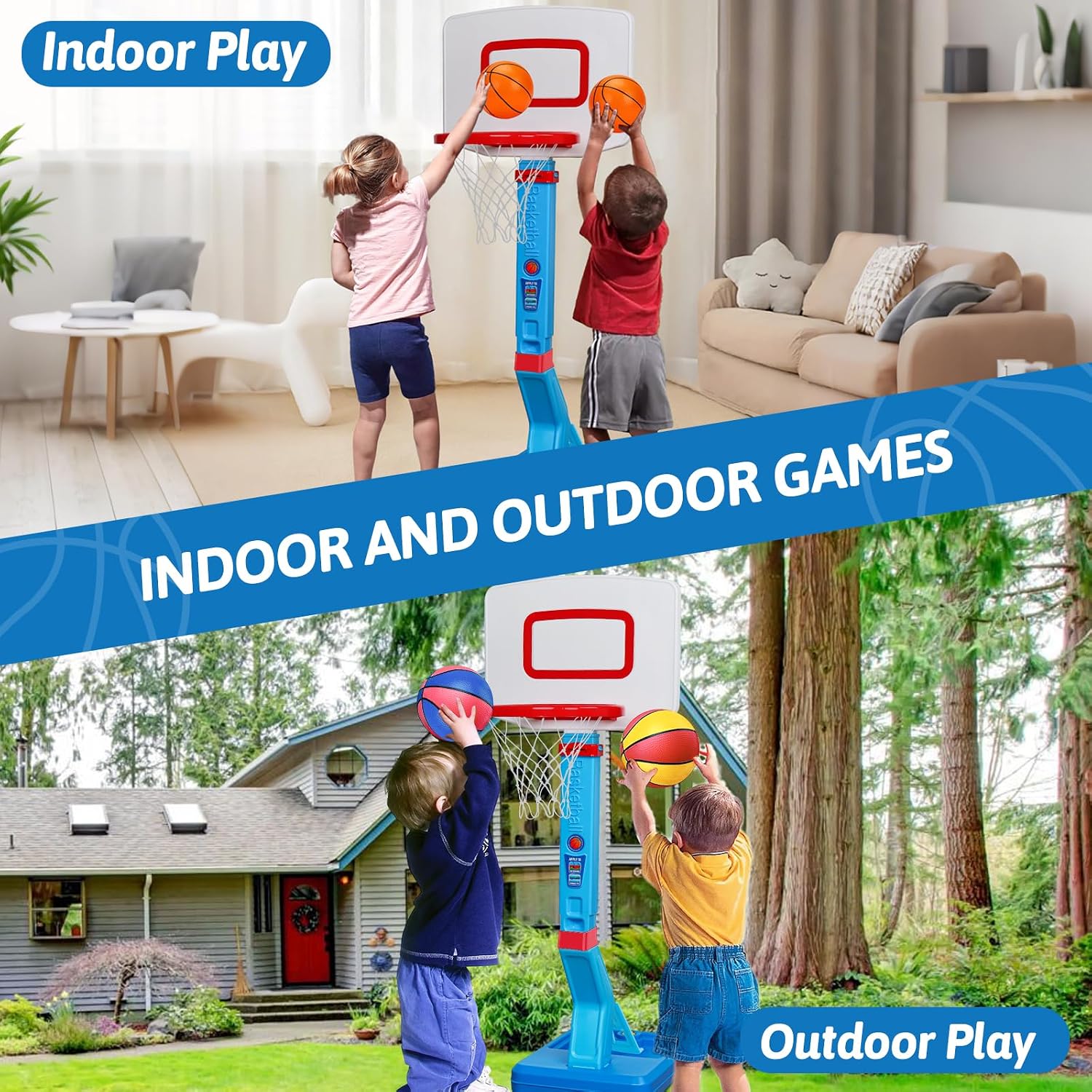 Detalle de Basketball Hoop and Stand for Kids: Adjustable Height 2'3"–4'7" with Balls