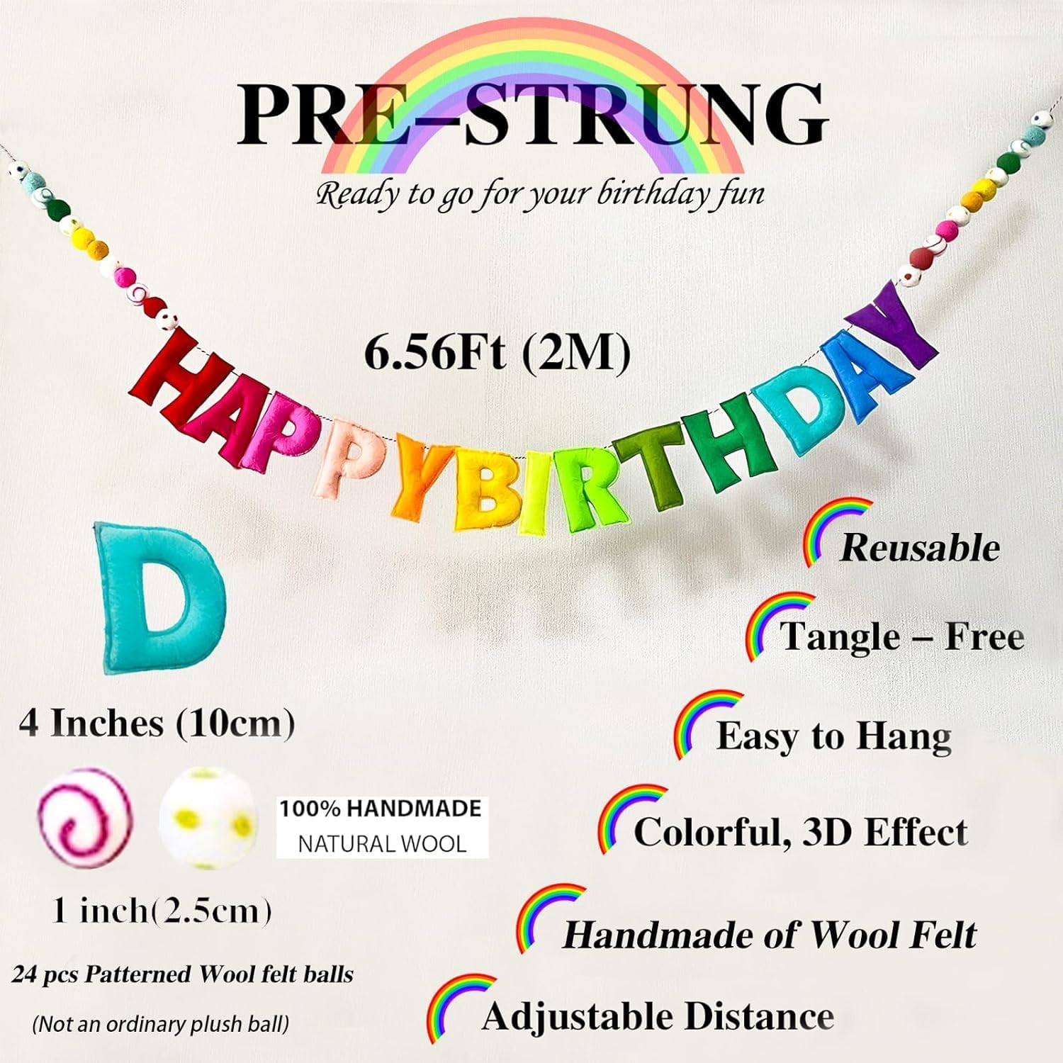 Detalle 2 de Pre-Strung Happy Birthday Banner - Felt Ball Garland (Red) – Rainbow Themed, Ready to Hang