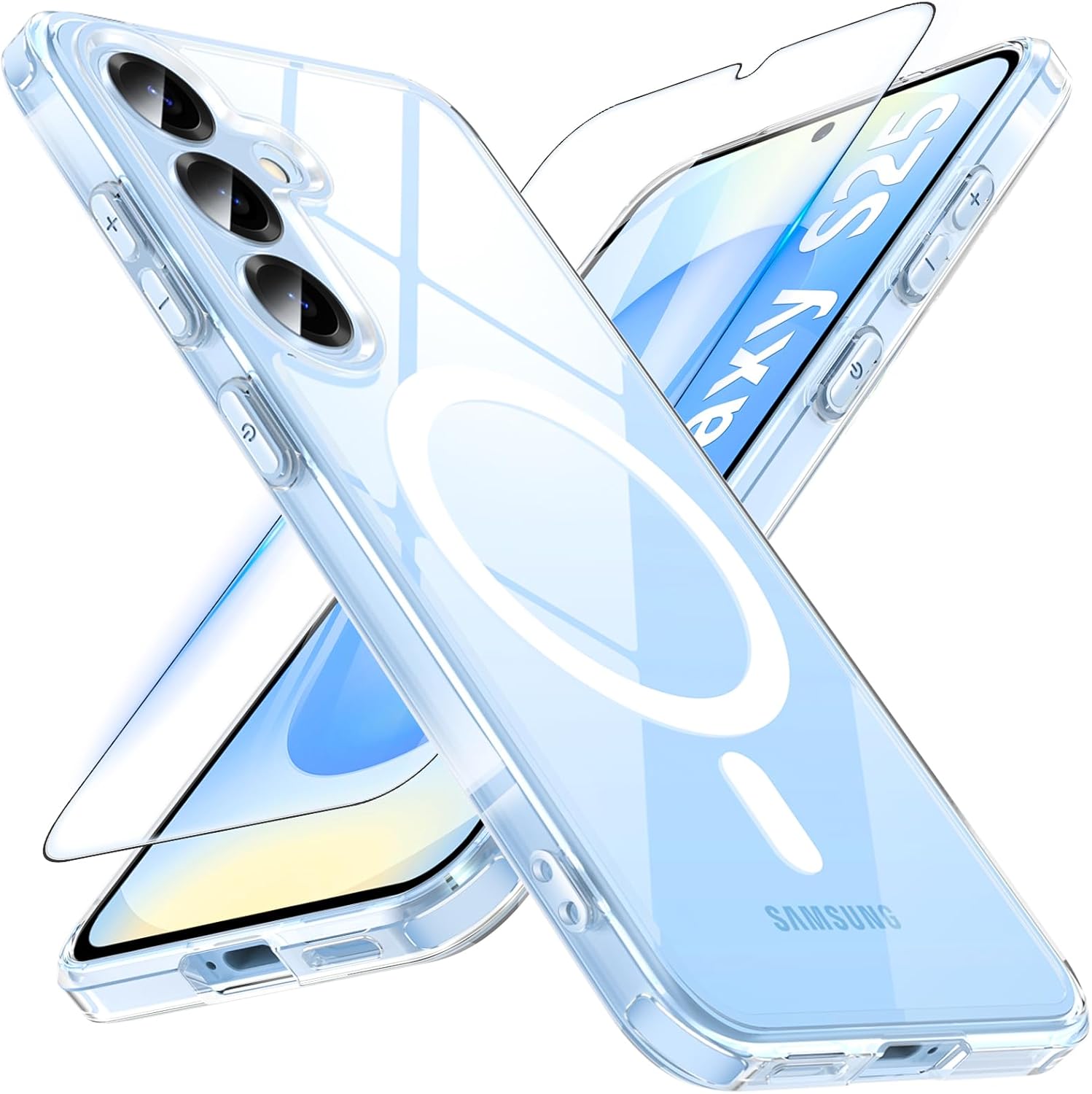 Detalle de OWKEY for Samsung Galaxy S25 Case (MagSafe Compatible, Clear) with Tempered Glass Screen Protector