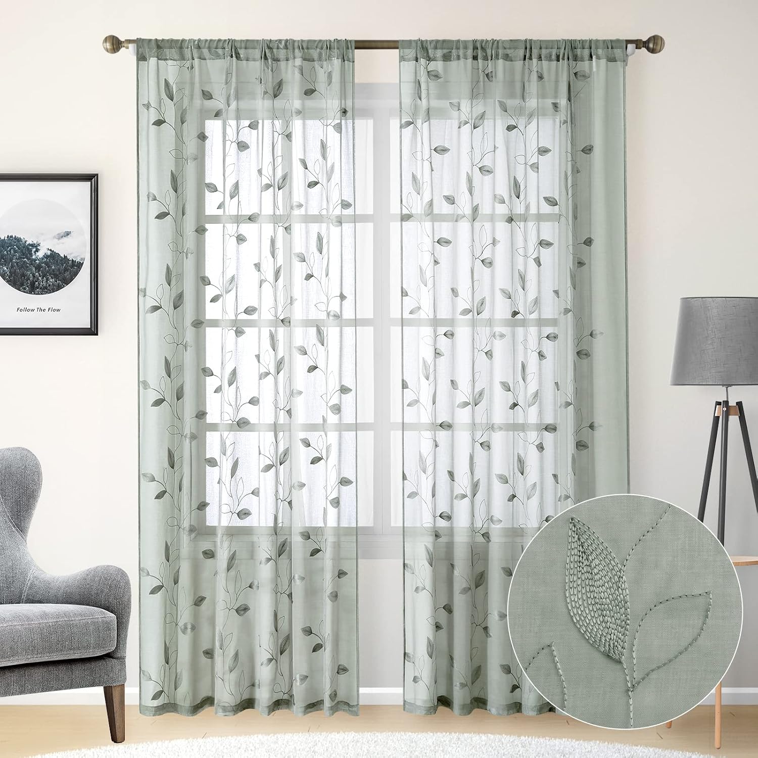 Detalle 2 de HOMEIDEAS 2 Sheer Curtains, Sage Green Embroidered Leaves, 52 x 84 Inches