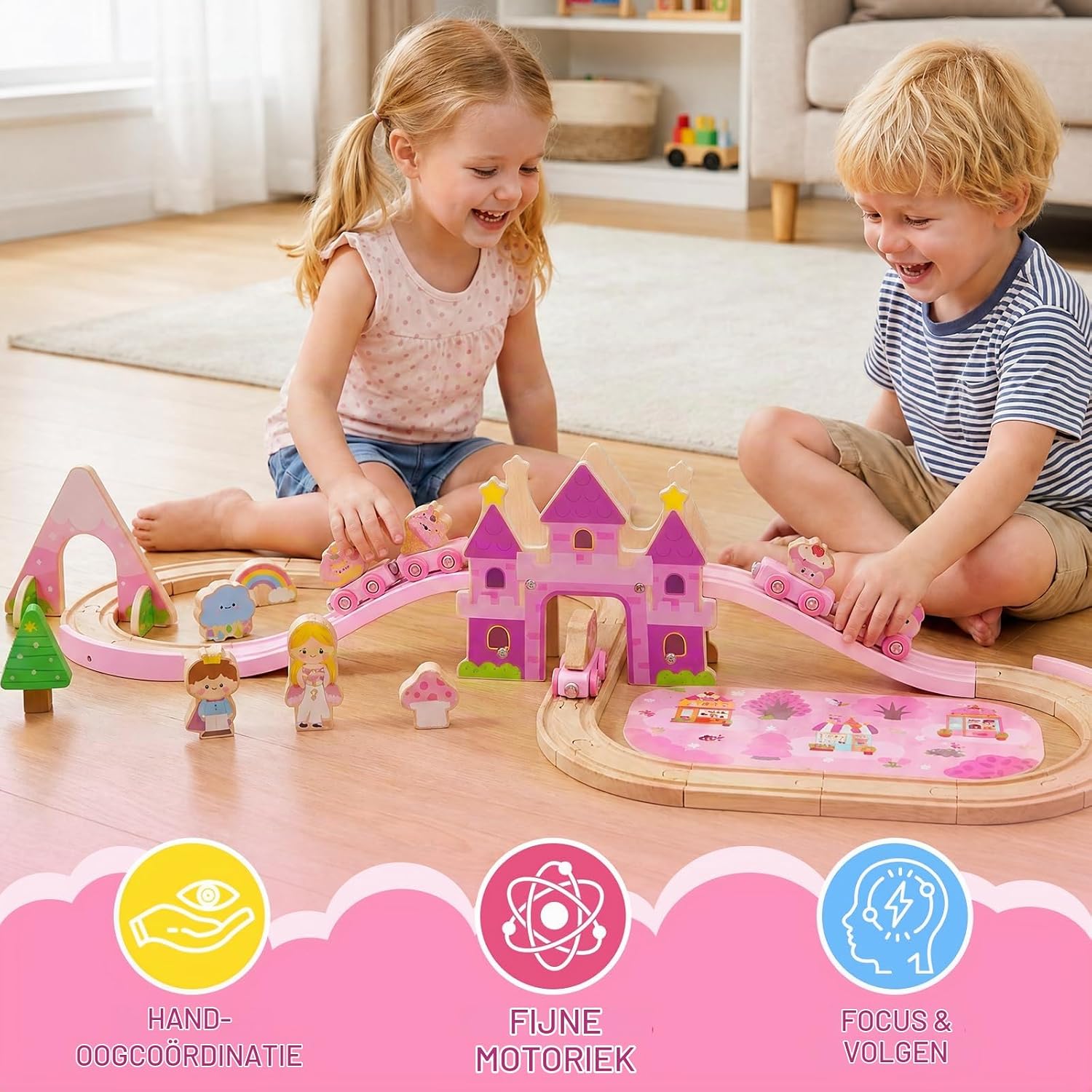 Detalle 2 de GAGAKU GLBB673 houten treinset met 41 onderdelen, magnetische wagons en kasteelbrug