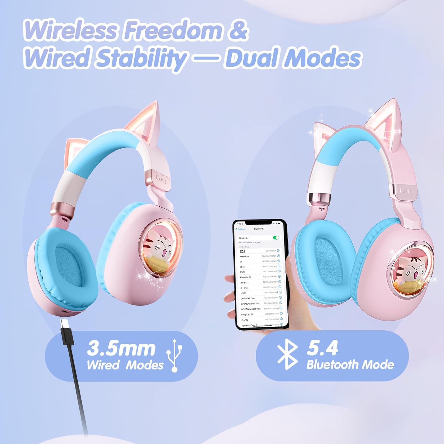 Detalle 2 de Kinder Kopfhörer mit Katzenohren – Bluetooth 5.4, LED-Beleuchtung & 85 dB Kindermodus