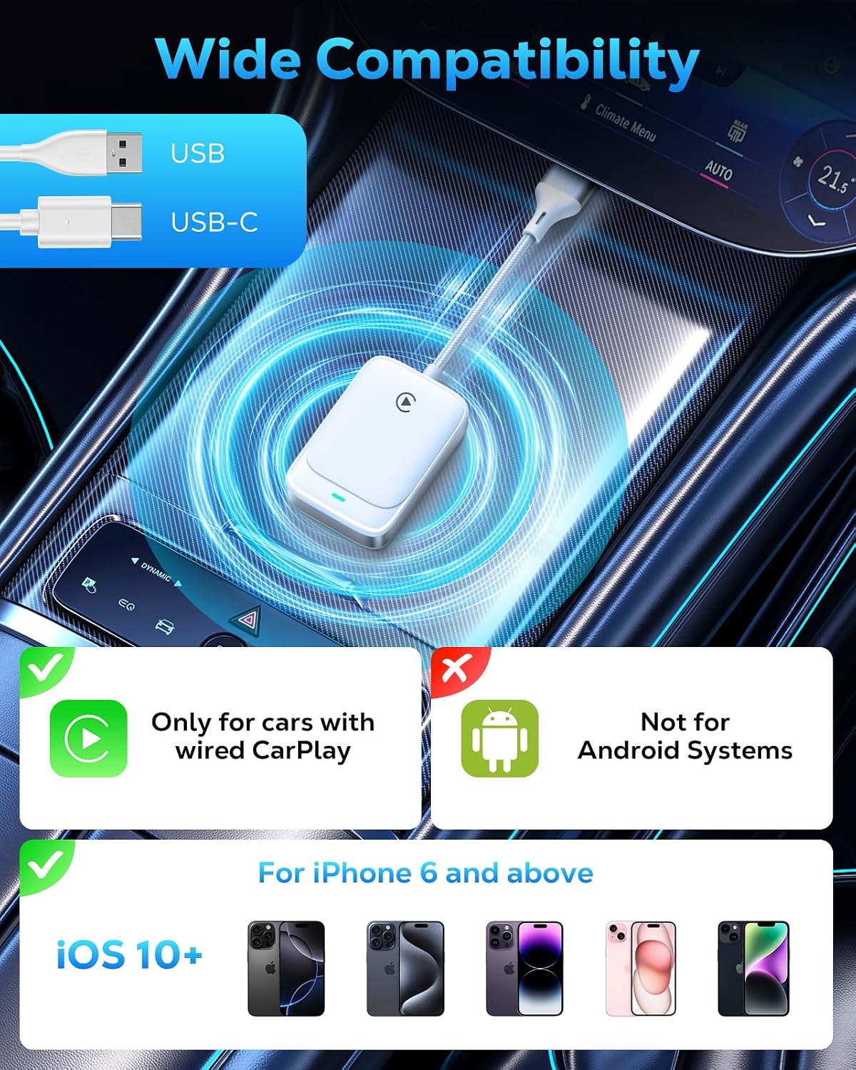 Thumbnail 6 de MoKo CarPlay Wireless Adapter – kabelloses CarPlay für iPhone, 5,8 GHz WiFi, Bluetooth 5.3, Plug&Play