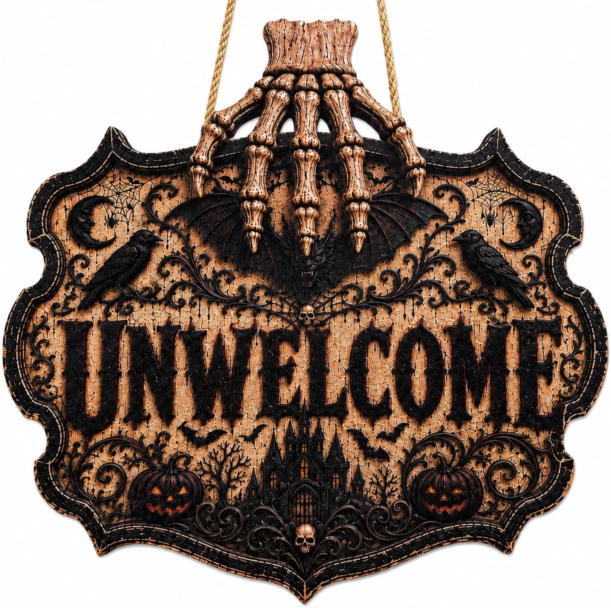 Detalle de OHOME Gothic Halloween Wooden Sign, 2D Printed Black Unwelcome Door Decor