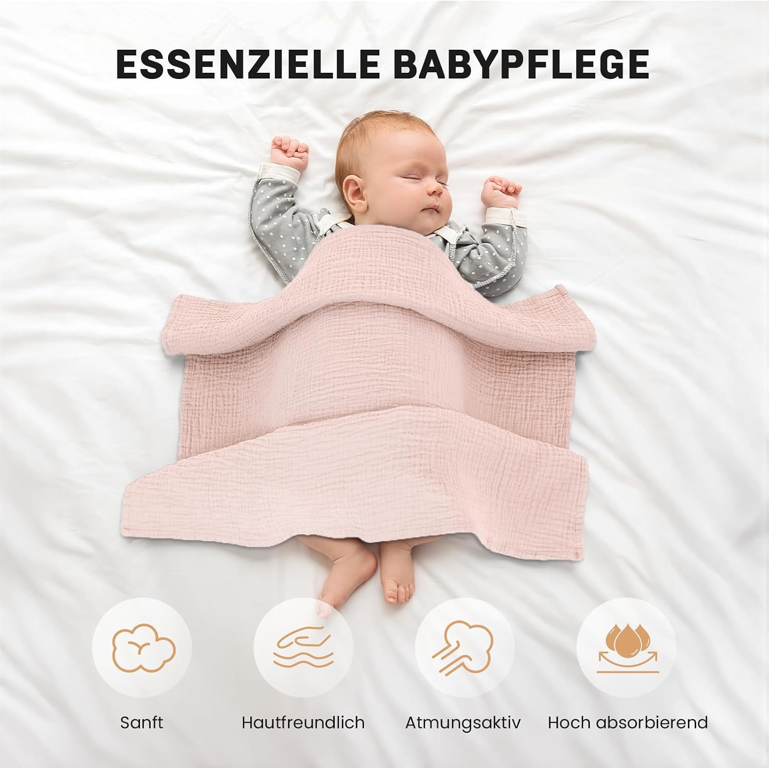 Detalle 2 de Mulltücher Baby 4er-Set aus Baumwoll-Musselin (60x60 cm) in Rosa & Grün – weich, atmungsaktiv und saugfähig