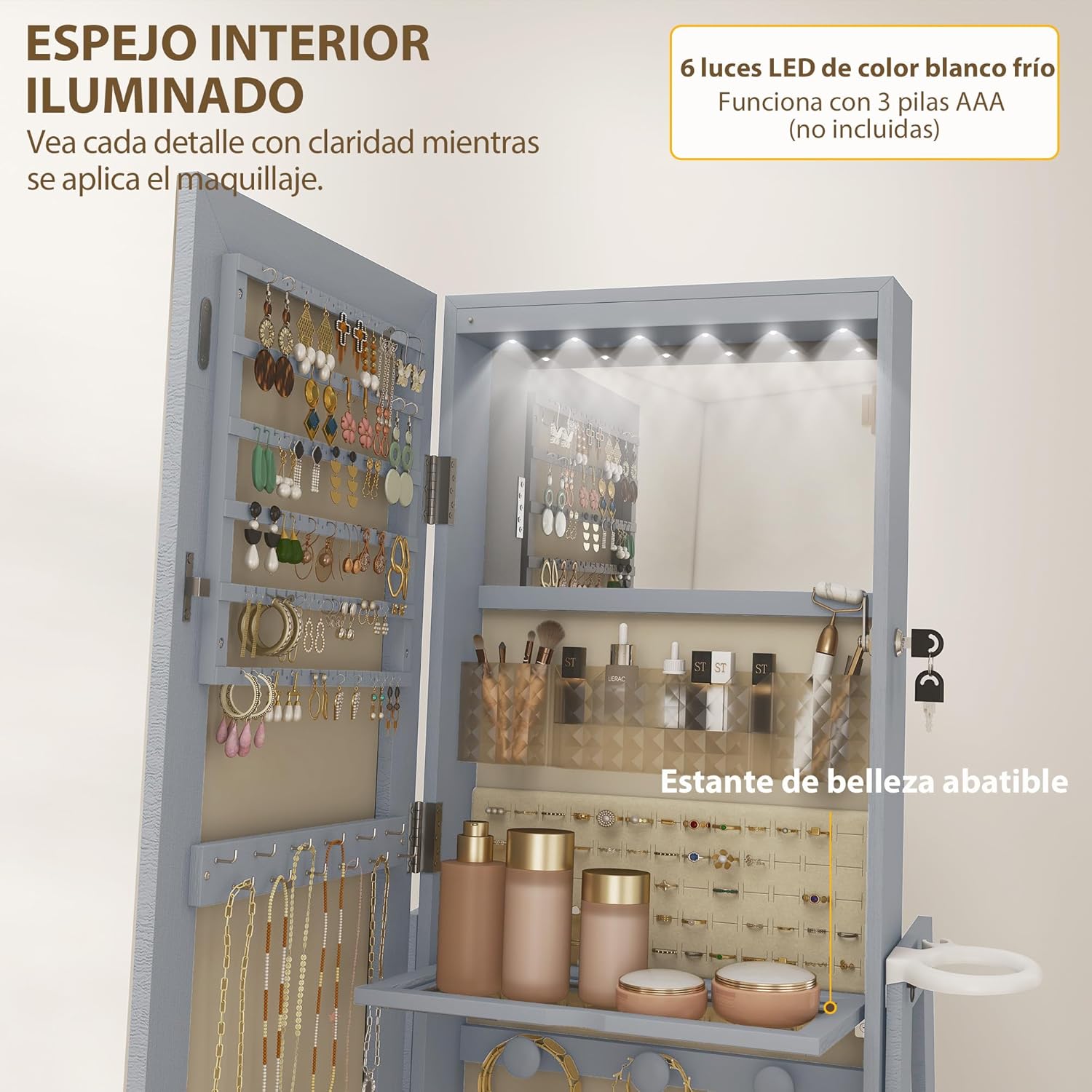 Detalle 2 de HOMCOM espejo joyero con luces LED y armario giratorio 360° (gris claro y beige)