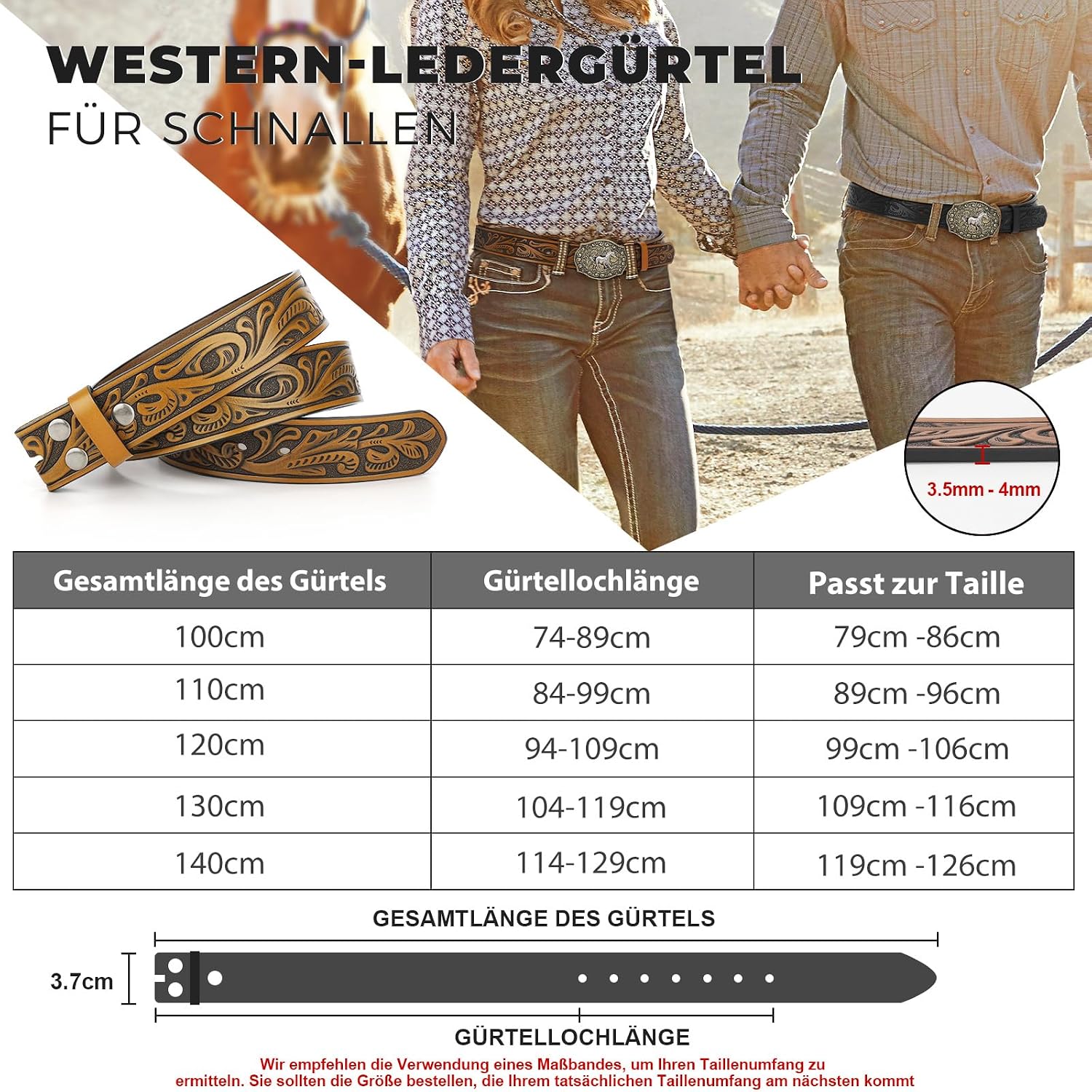 Detalle de BELTROAD Western Ledergürtel ohne Schließe für Jeans & Cowboystyle – verstellbarer Gürtel mit Austausch-System