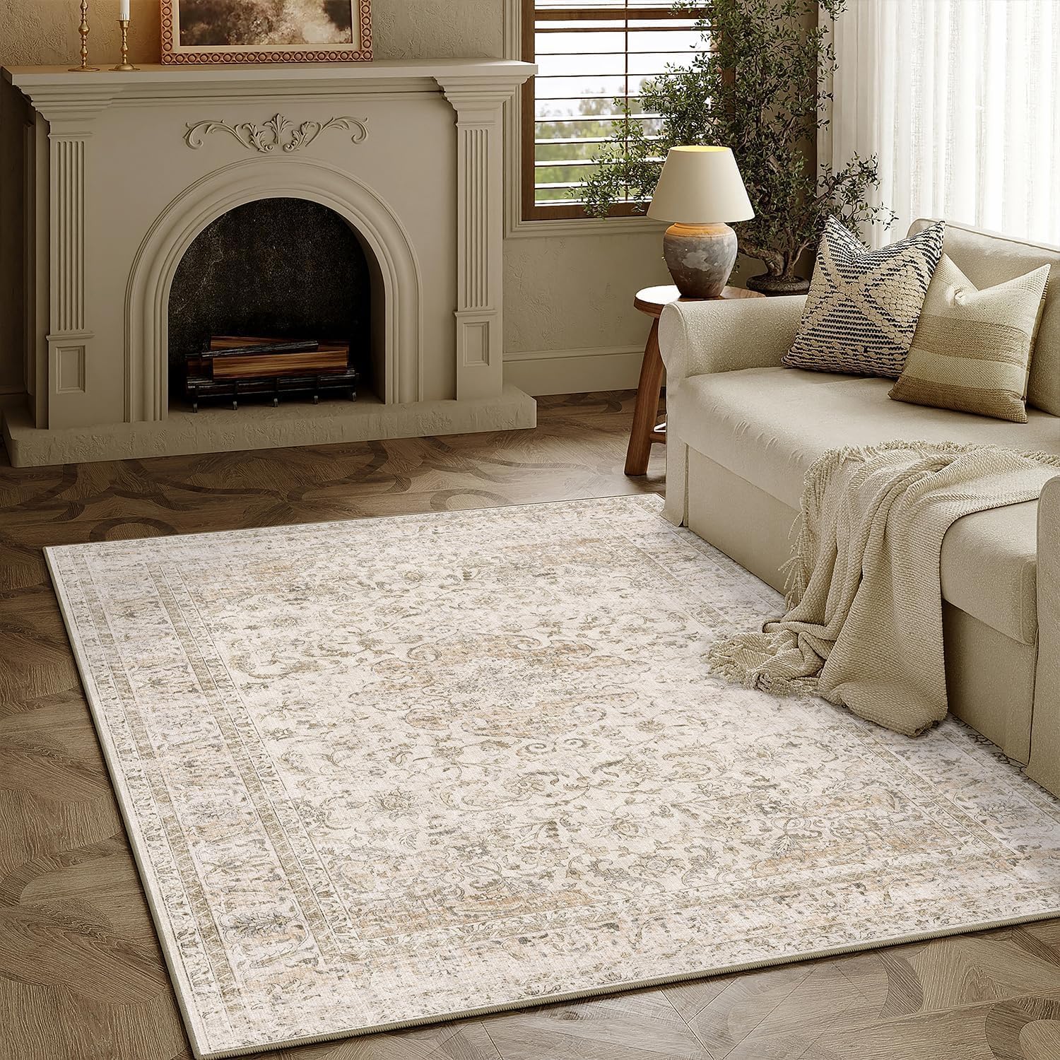 Detalle de HUGEAR Vintage-style Beige Large Area Rug (140x200cm) – non-slip, washable low pile