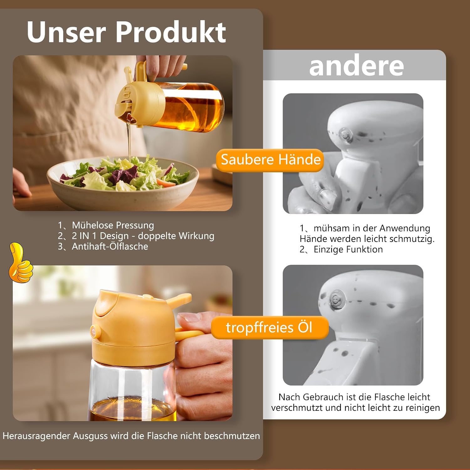 Thumbnail 5 de SWEET VIEW 2-in-1 Ölsprüher und Ölspender mit Glasflasche, 470 ml (gelb) – zum Kochen, Grillen & Heißluftfritteuse