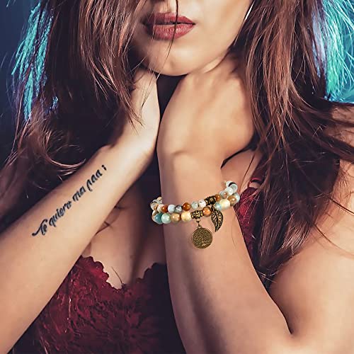 Detalle 2 de Farfume Chakra: Pulseras Dobles de Amazonita para Mujer con Dije Árbol de la Vida