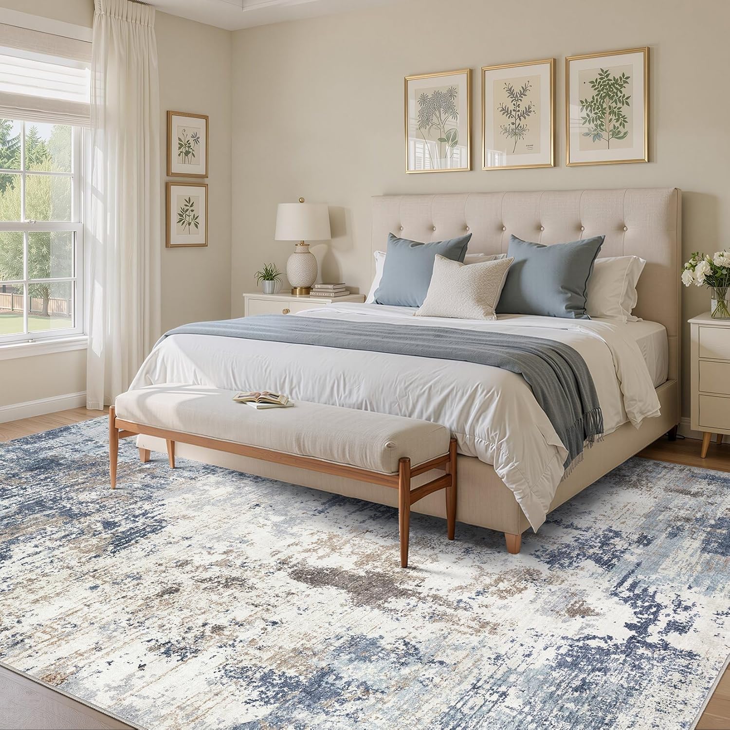 Thumbnail 1 de UERMEI 8x10 Neutral Abstract Washable Area Rug in Denim Blue