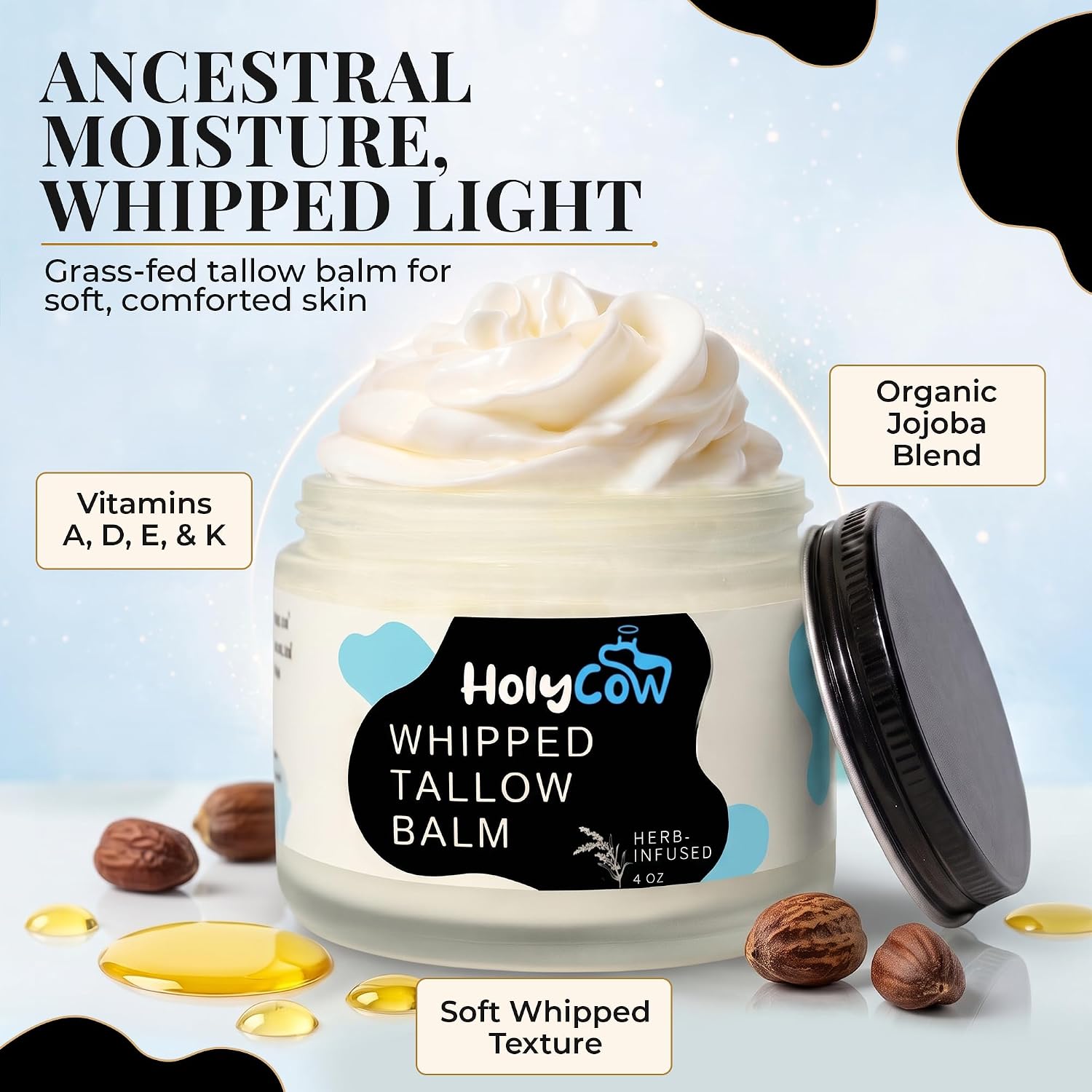 Detalle 2 de HolyCow 100% Grass Fed Beef Tallow Whipped Tallow Balm (Unscented/Herb-Infused) with Organic Jojoba Oil