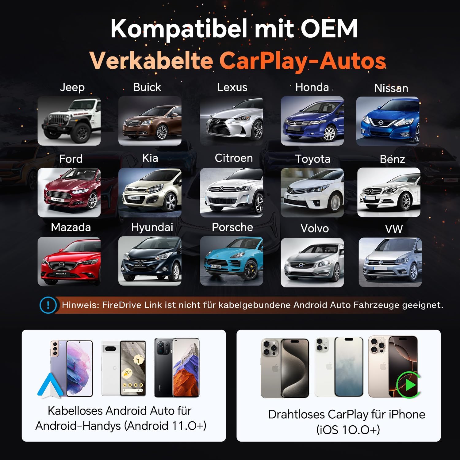 Detalle de Carlinkit FireDrive Link Pro – TV-Stick-zu-CarPlay-Adapter für kabelgebundenes & drahtloses CarPlay/Android Auto, inkl. Beibehaltung der Originalbedienung