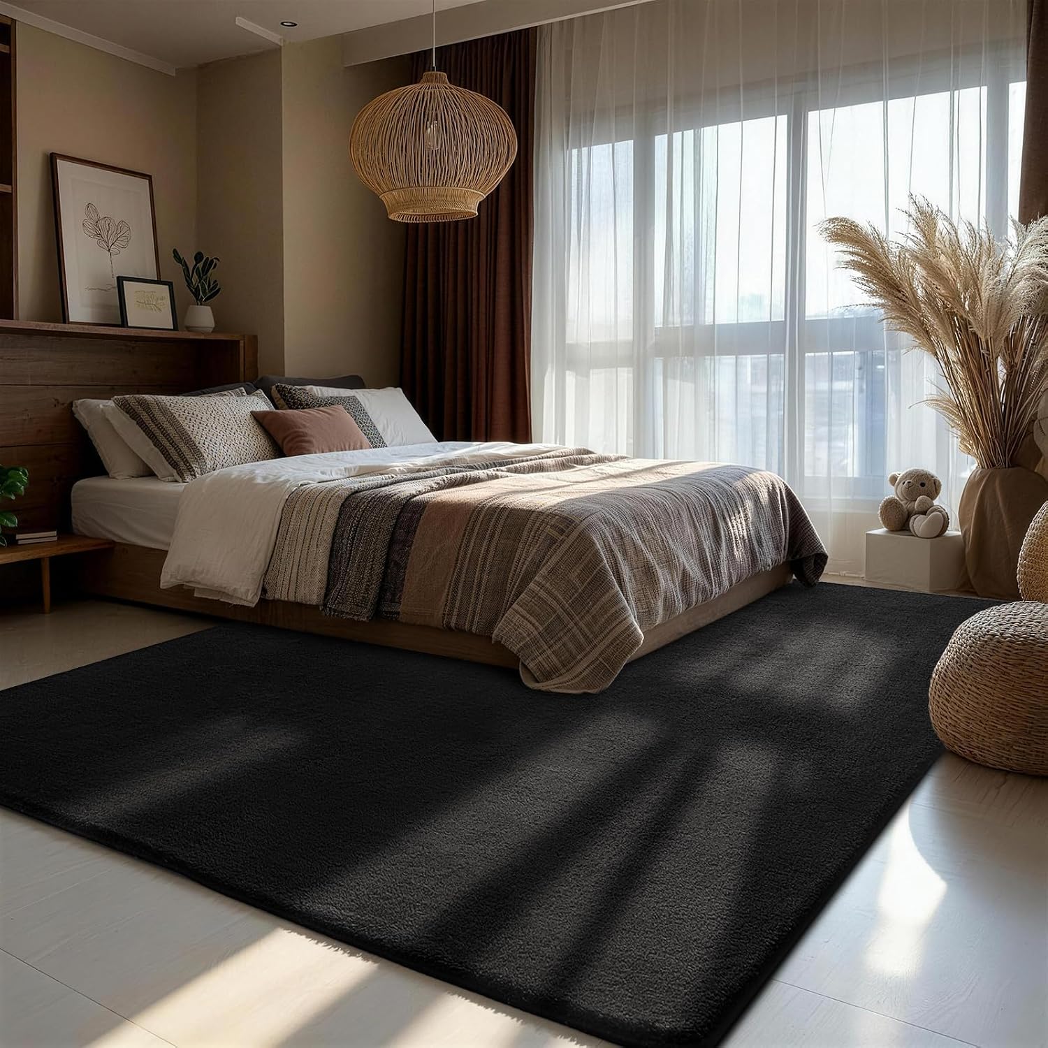 Detalle de XSIVOD Soft 200x230 cm Black Area Rug – Non-Slip Plush Shag for Living Room
