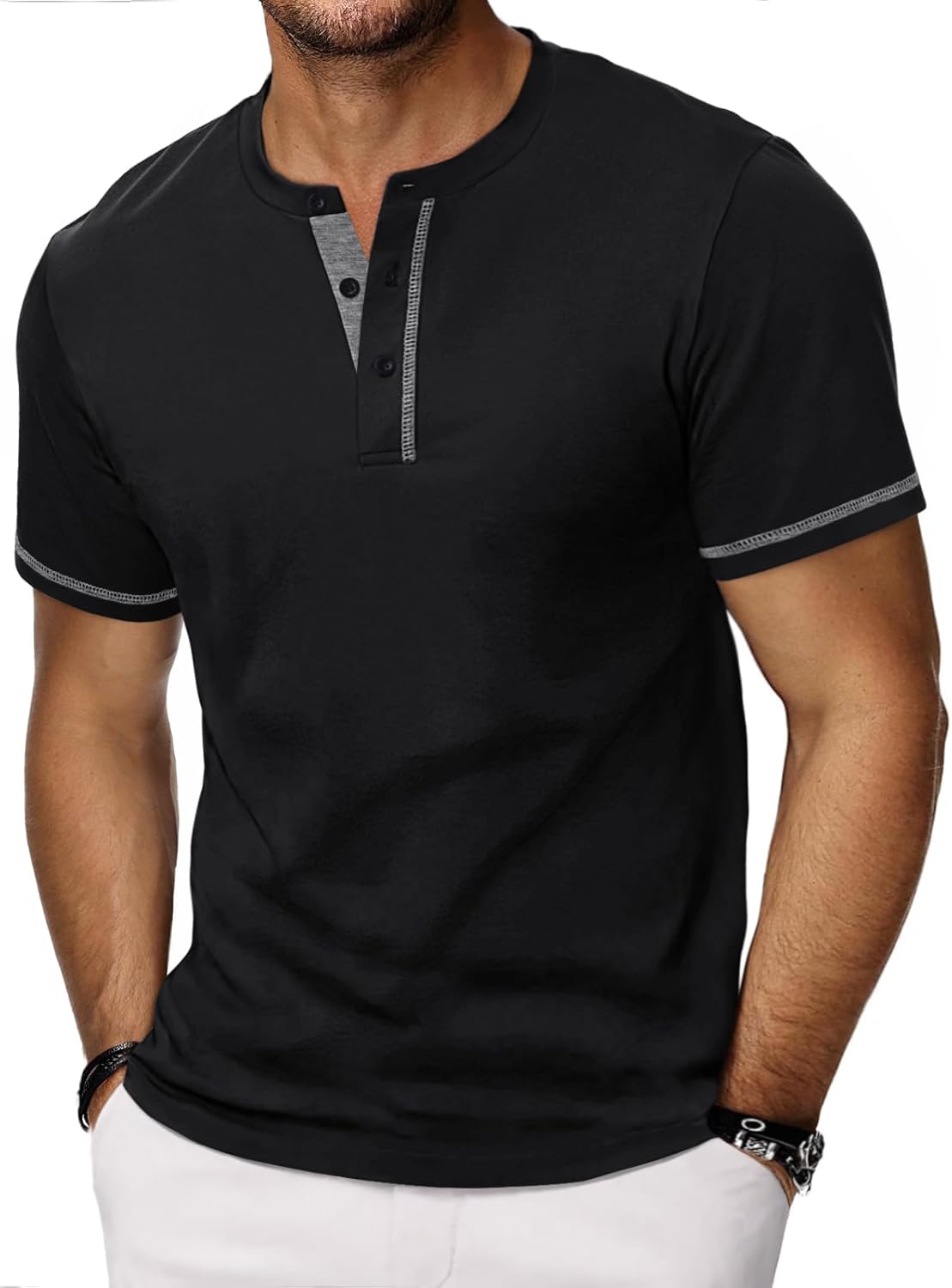 Detalle de HMIYA Henley Kurzarm T-Shirt für Herren – vielseitiges Baumwoll-Henley-Shirt mit Drei-Knopf-Front