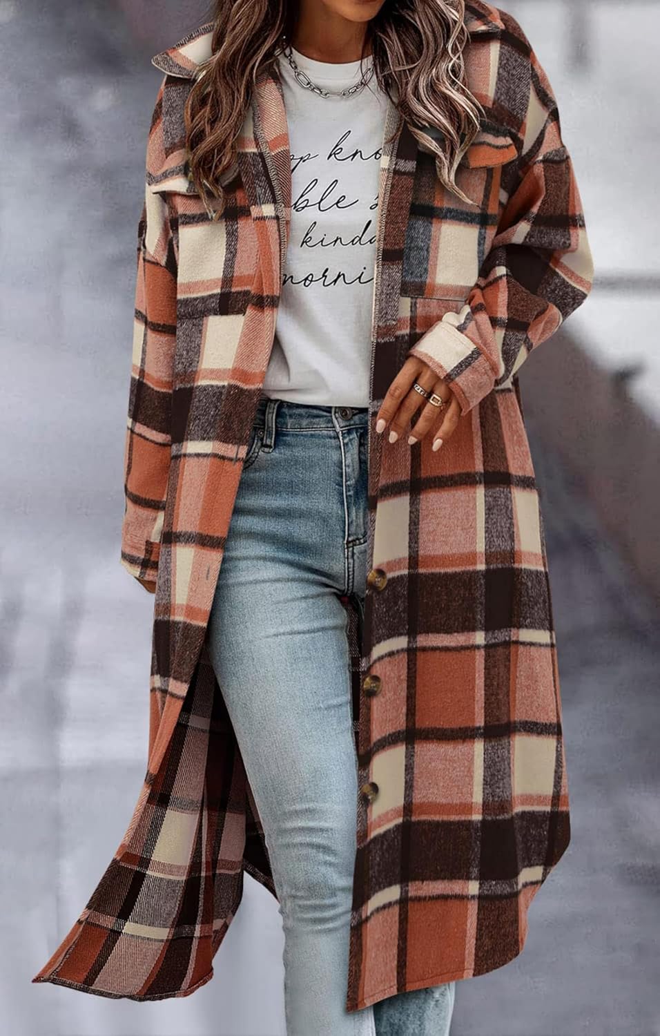 Thumbnail 2 de Jhsnjnr Damen Flanell-Karo Jacke Oversize Langarm mit Revers und Knopfverschluss