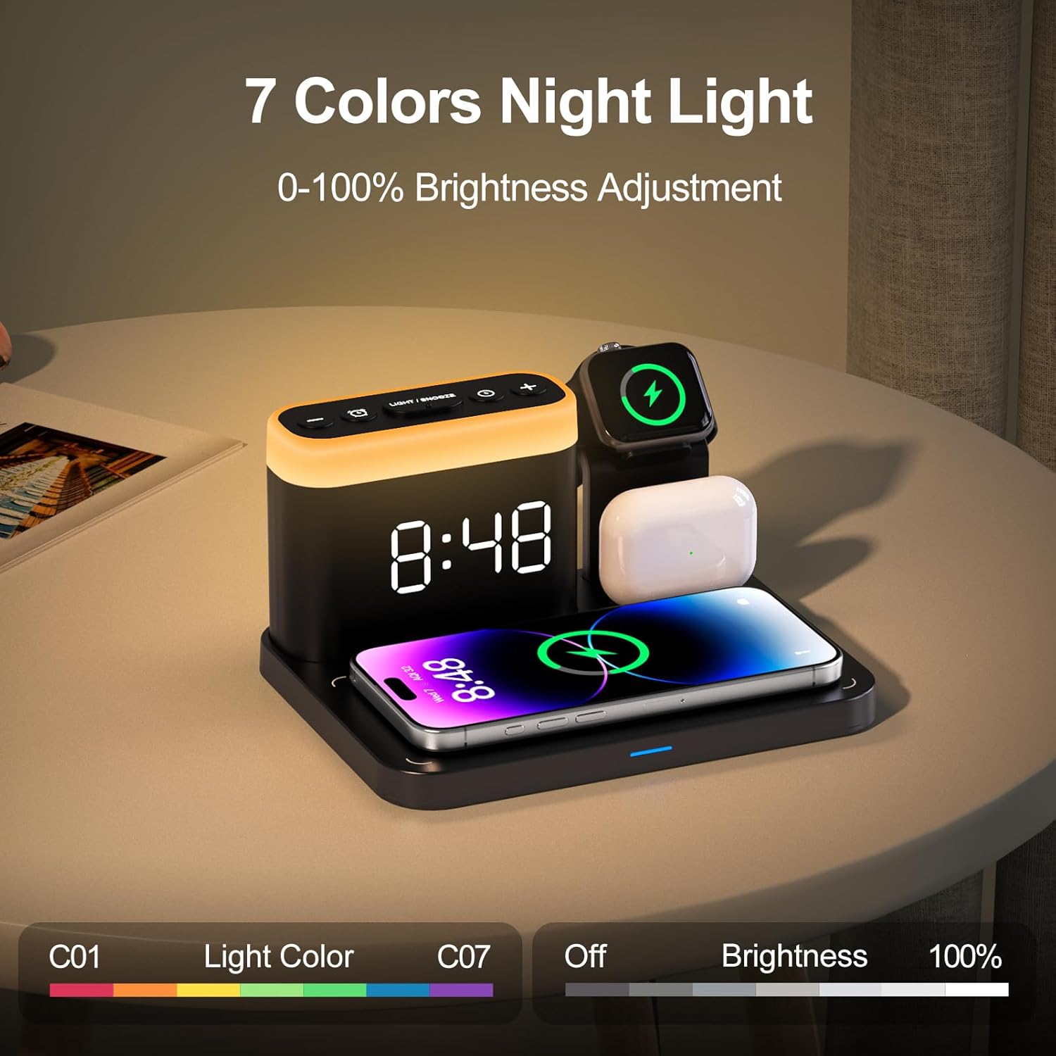 Thumbnail 5 de ANJANK Wireless Charging Station 5-in-1 (Mag-Safe Dock) with Alarm Clock, Night Light & Stand