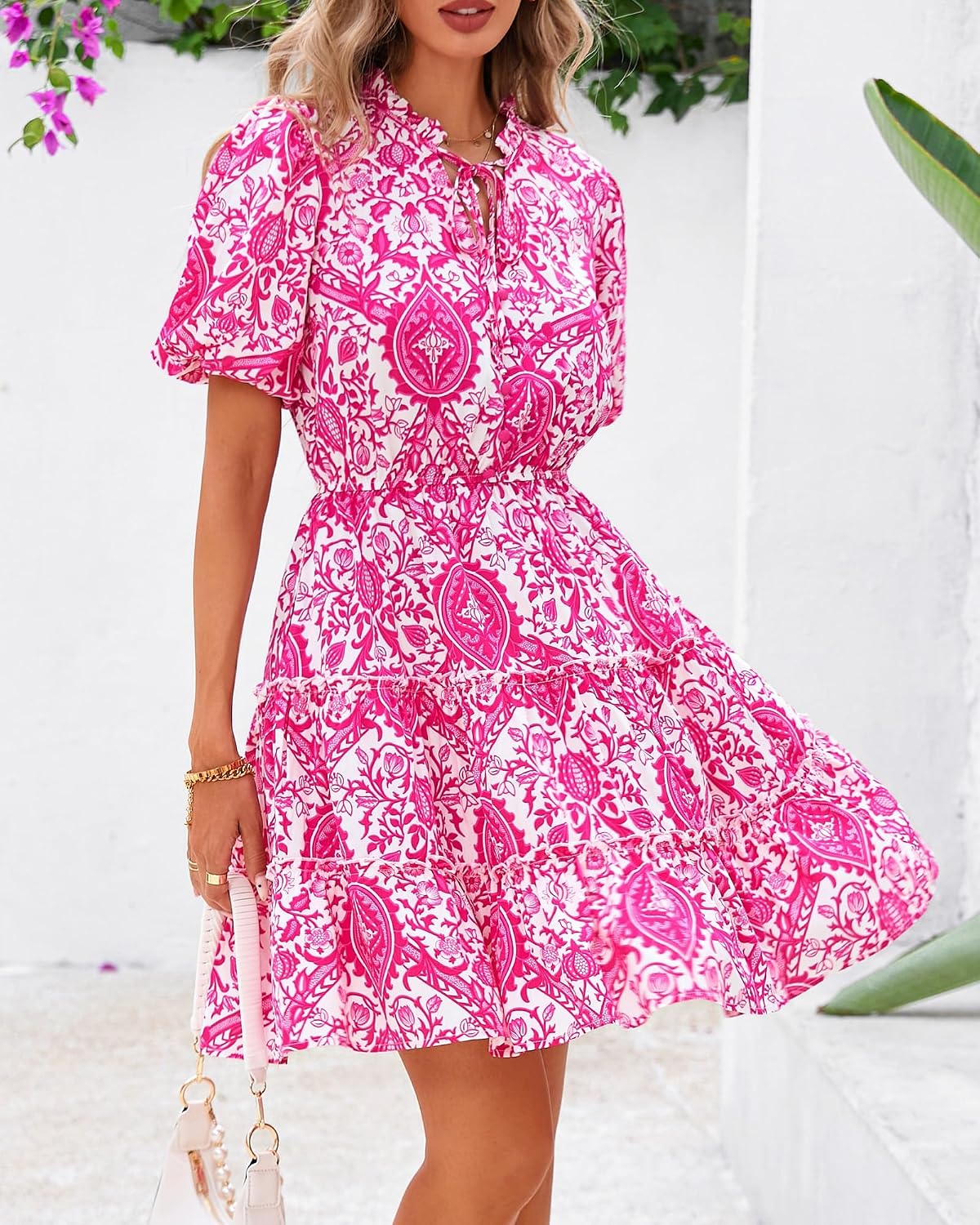 Thumbnail 5 de BTFBM Women’s Summer Floral Boho Swing Dress with V Neck & Tiered Ruffle Hem (Mini)