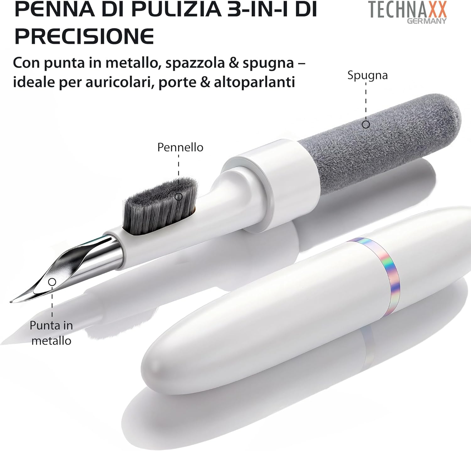 Thumbnail 1 de Technaxx TX-333 Kit di pulizia 3-in-1 per auricolari in-ear e dispositivi, con penna a punta metallica, spazzola, gomma pulente 50g e panno in microfibra