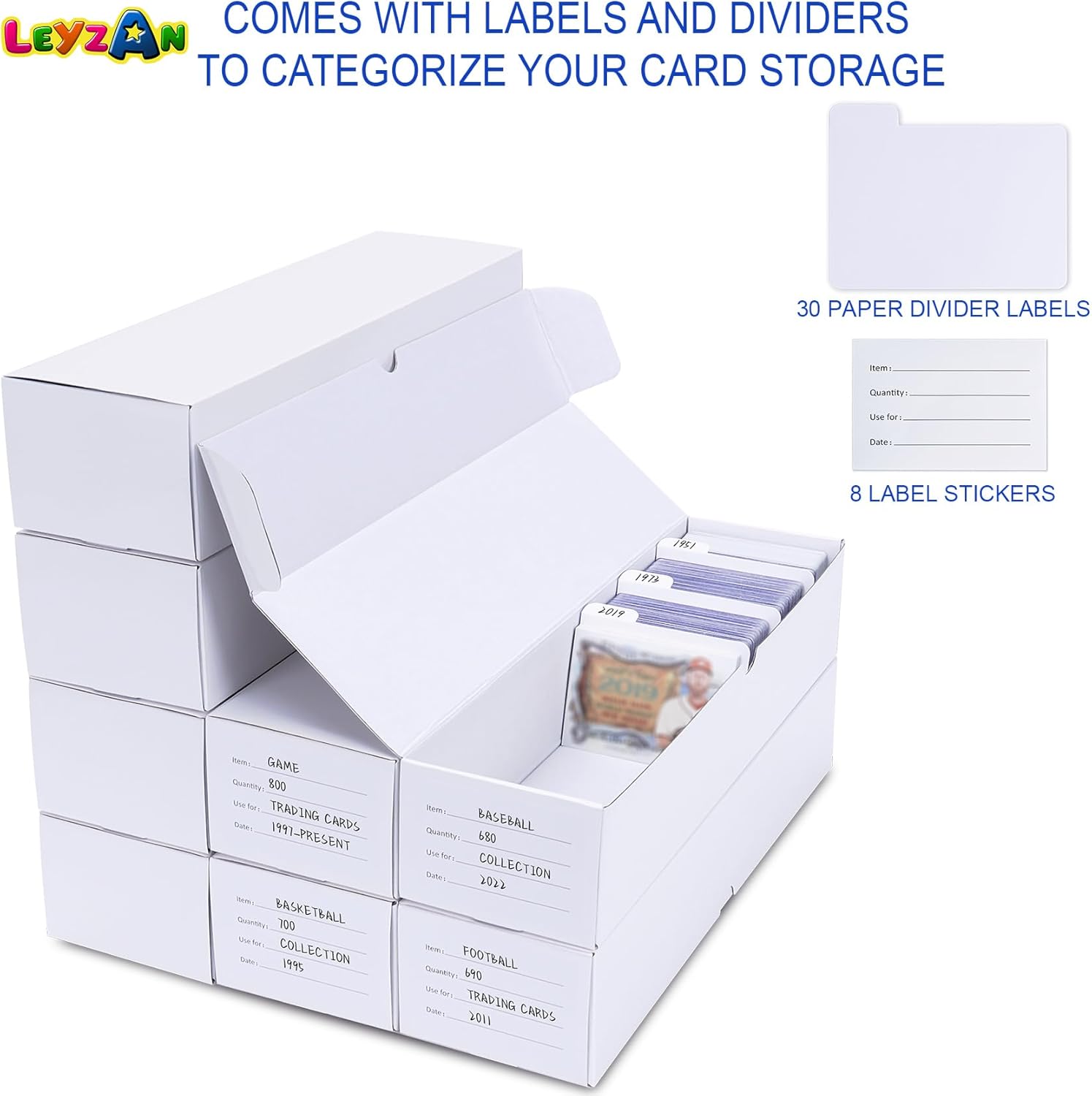 Detalle de Leyzan Trading-Card Storage Box (8-Pack, 1000 Count) with Dividers & Labels