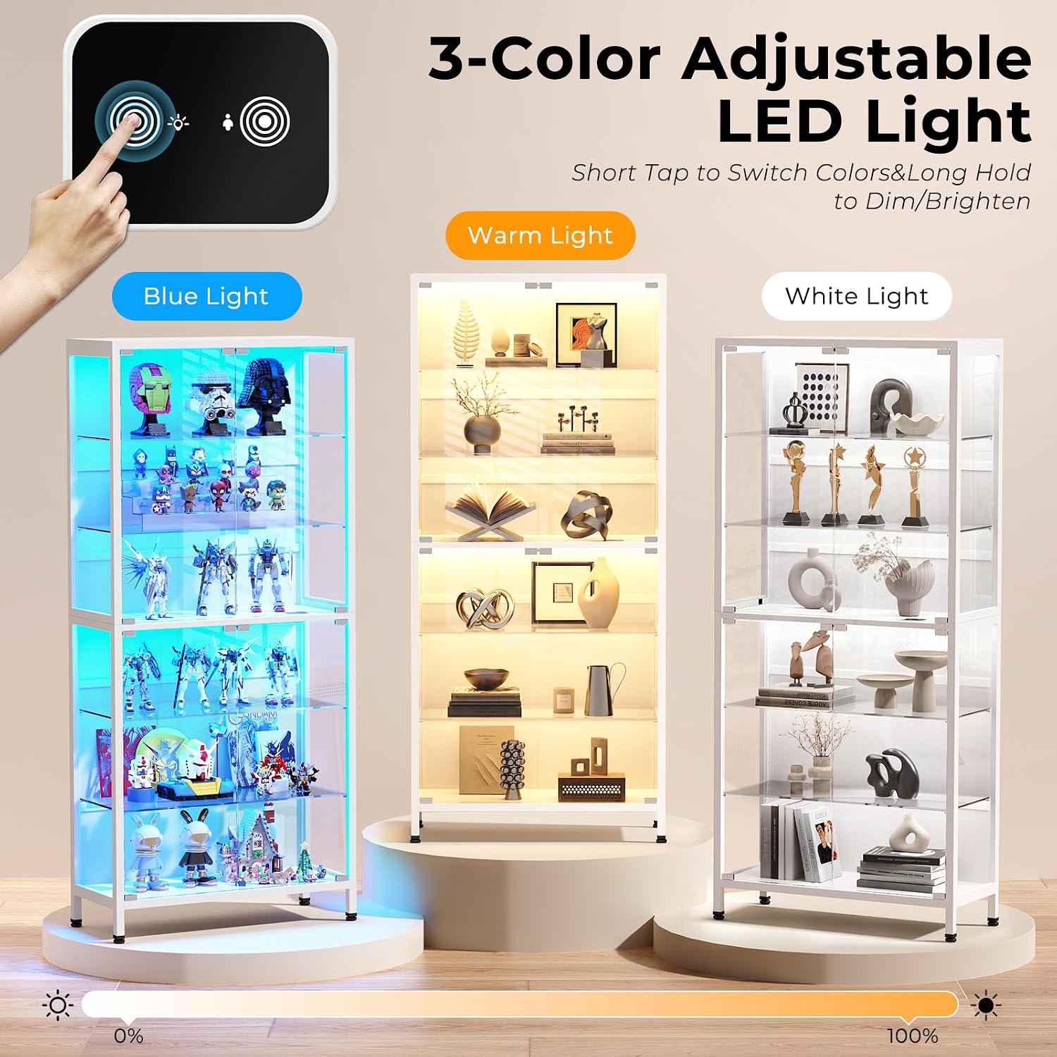 Detalle de BROTTAR 80086 Display Cabinet, 6-Tier White Curio Cabinet with Glass Doors and LED Lights