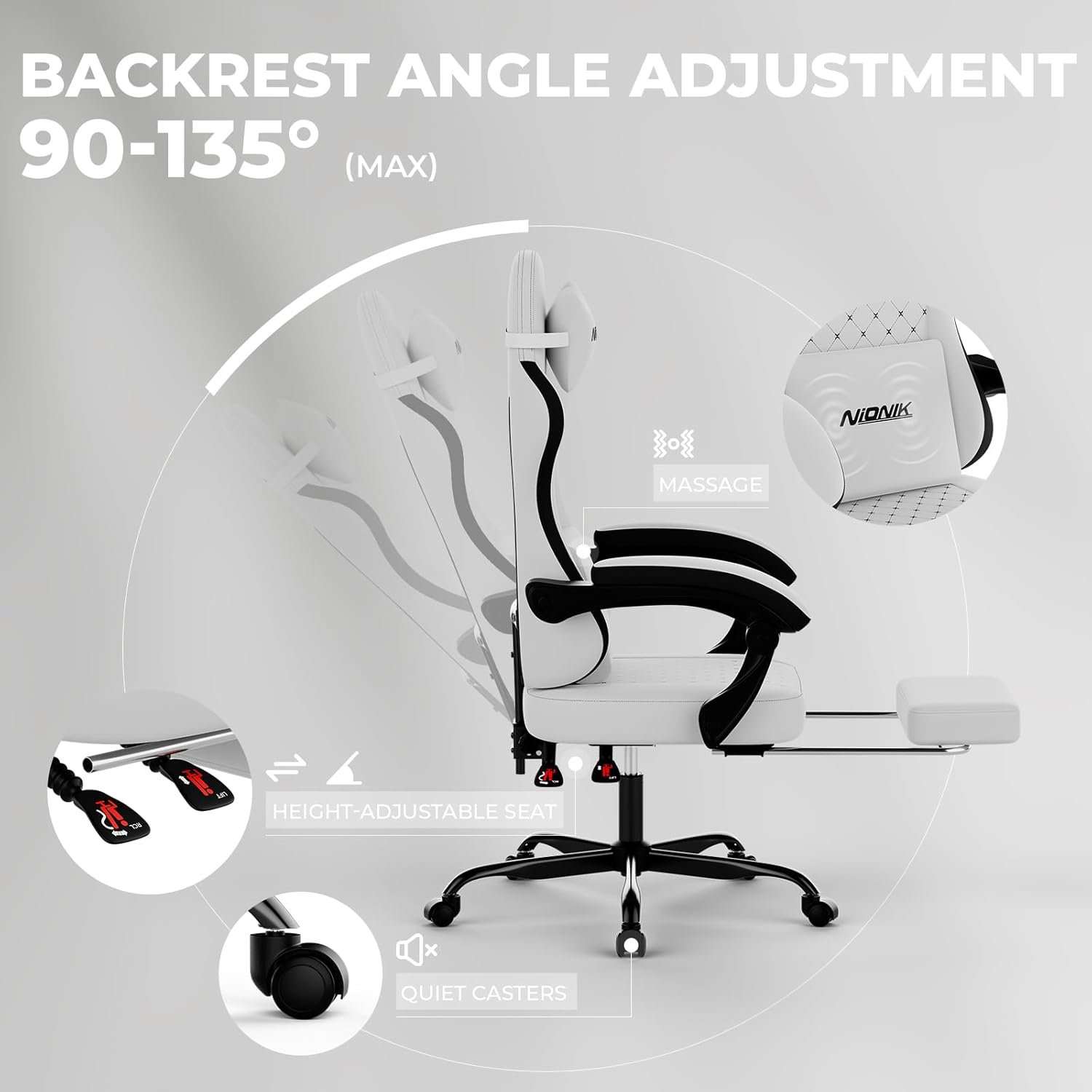 Thumbnail 3 de NIONIK Gaming Stuhl mit Fußstütze, verstellbarer Lordosenstütze und 3D-Armlehnen – höhenverstellbar für Homeoffice & E-Sports