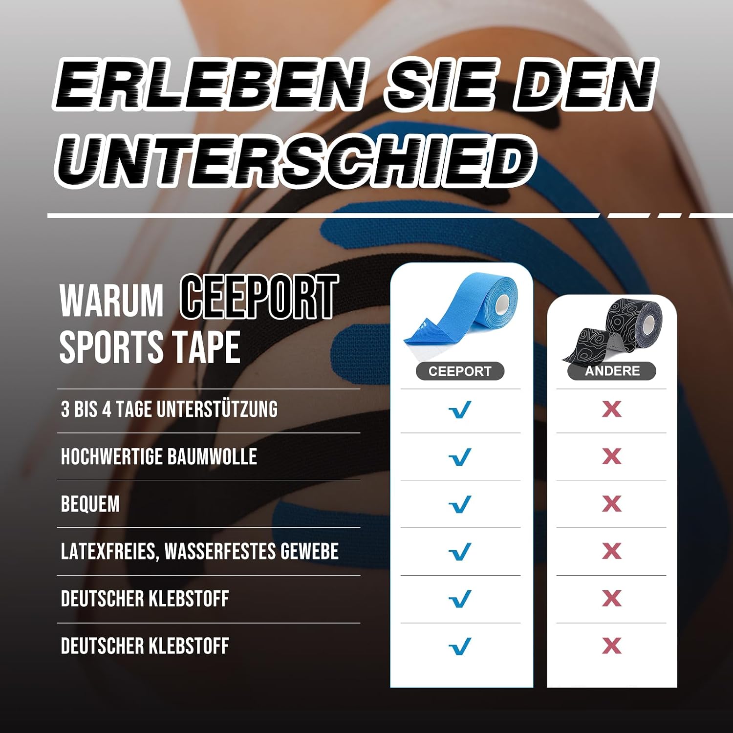 Thumbnail 2 de Ceeport Kinesiologie Tape – 5 cm x 5 m, 3 Rollen (Schwarz, Beige, Blau) – Muskel- und Gelenkunterstützung