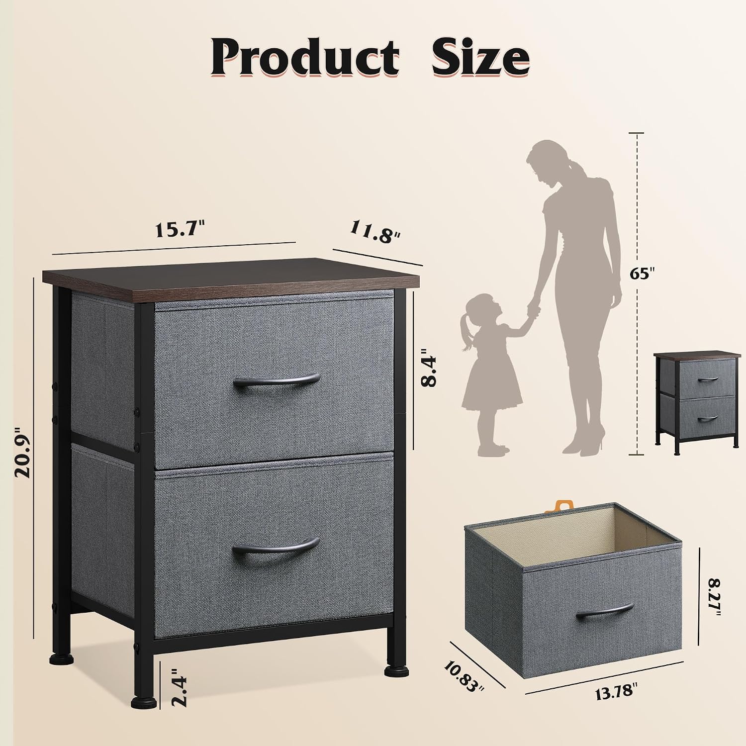 Detalle de WLIVE Nightstand 2-Drawer Bedside Table