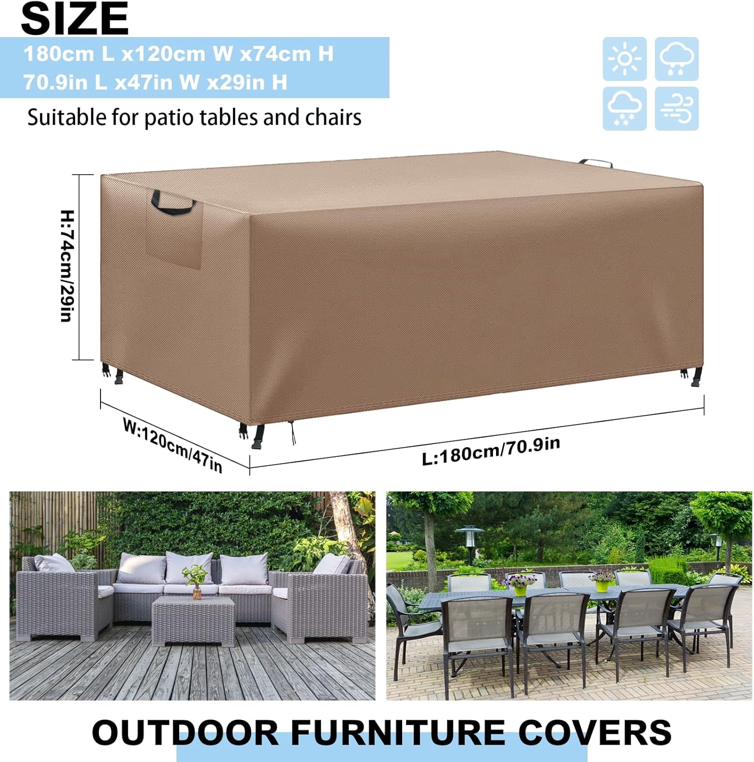 Detalle de WUAYAMI wasserdichte Gartenmöbel-Abdeckung aus 420D Oxford-Gewebe, khaki – 180x120x74