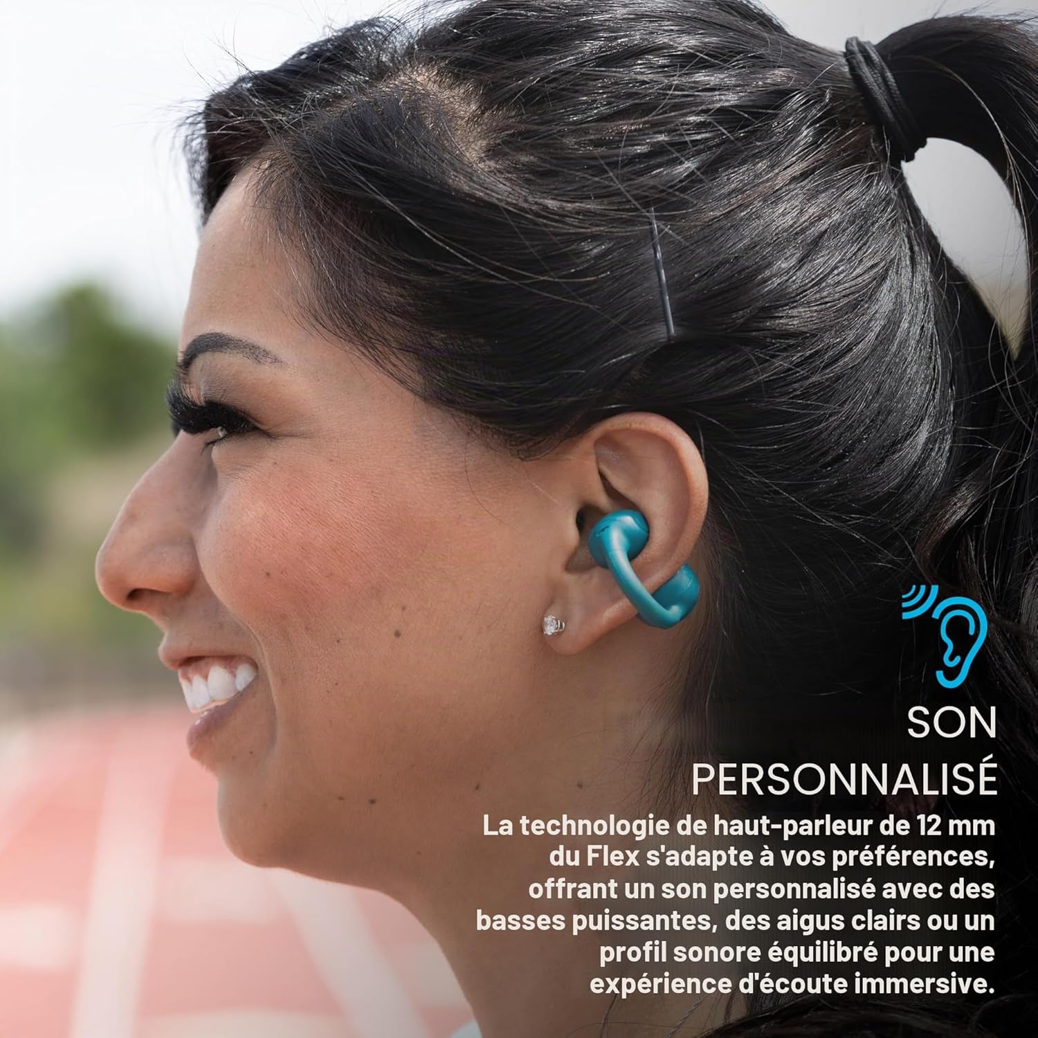 Detalle 2 de JLab Flex casque à oreille ouverte avec Bluetooth multipoint, autonomie annoncée jusqu’à 21 h et personnalisation via application (sarcelle)