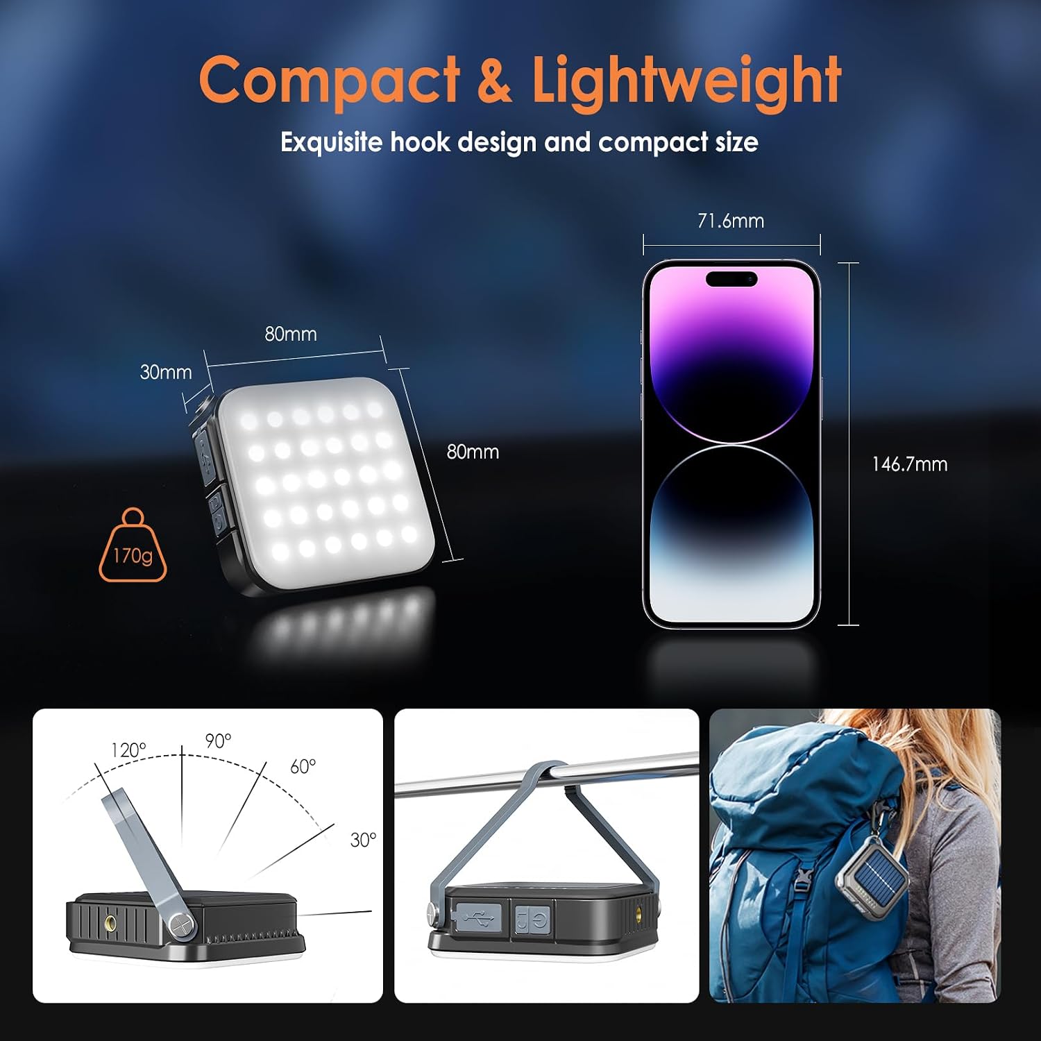 Detalle de Quntis Camping Light Rechargeable: Solar/USB-C LED Lantern with 4000mAh Power Bank