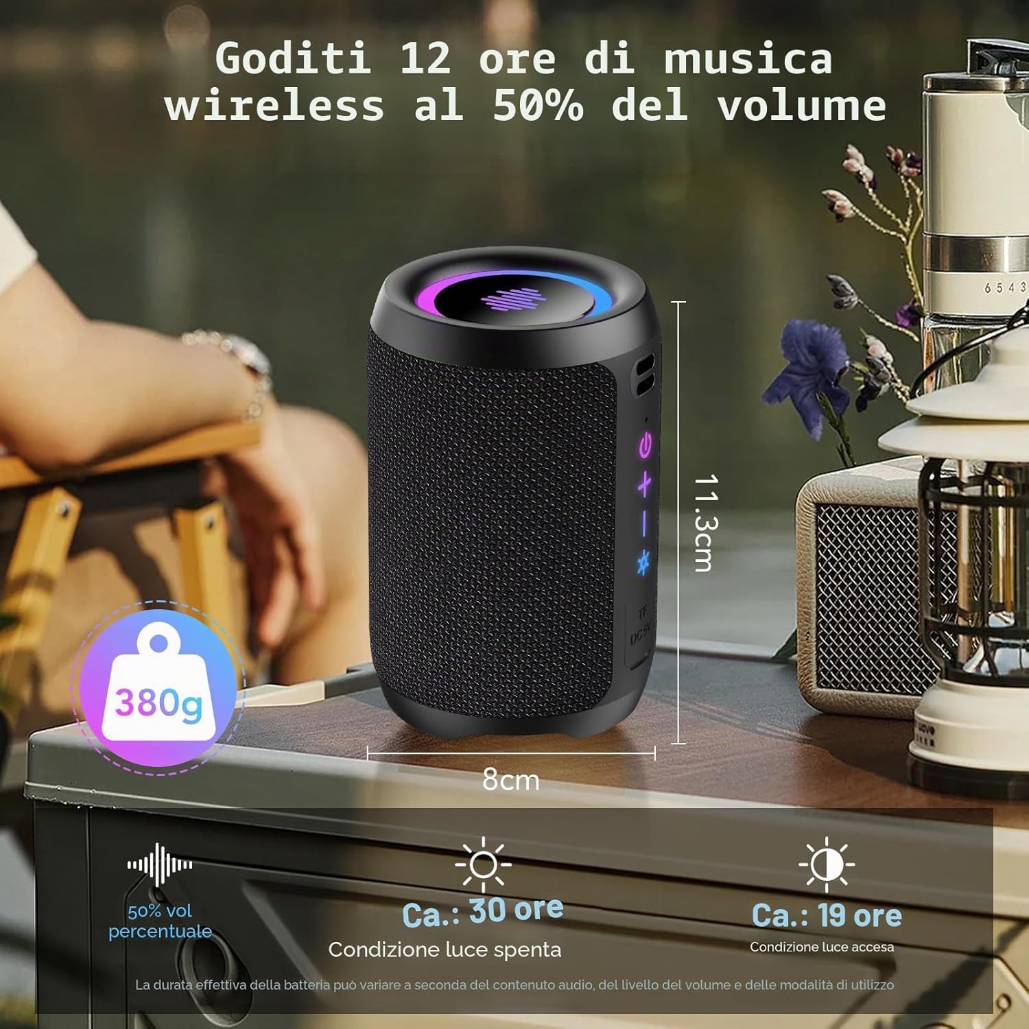 Detalle de Cassa Bluetooth Portatile Potente 15W con LED, IPX7 e 12 Ore di Autonomia – Ideale per feste all'aperto