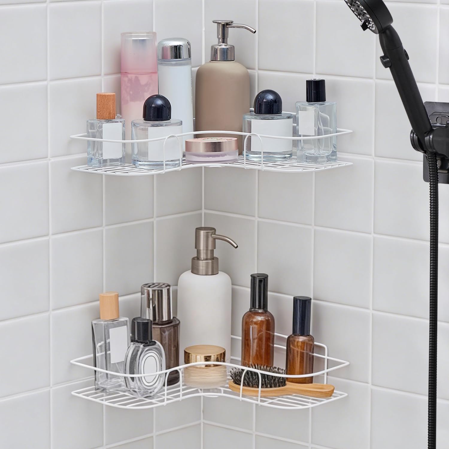 Detalle de Moonlit Pond canny-240506 Corner Shower Caddy, White Stainless Steel, No-Drill Adhesive