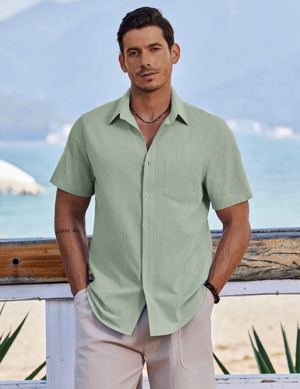 Thumbnail 1 de COOFANDY Men's Button Down Short Sleeve Shirt: Casual Cotton Summer Beach Linen Style with Pocket