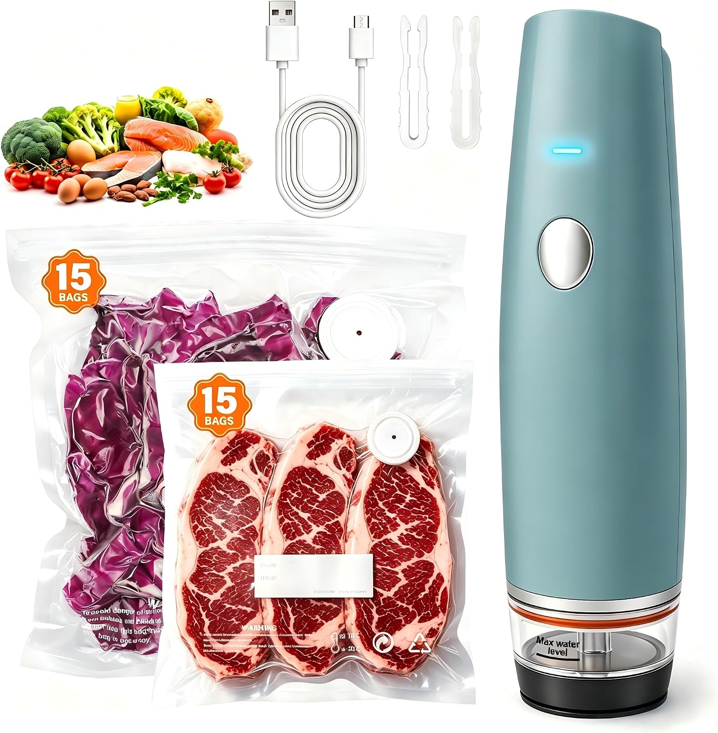 Detalle de MZROT -80kPa Compact Vacuum Sealer for Food (Vacuum Sealer Machine + 30 Reusable Bags)