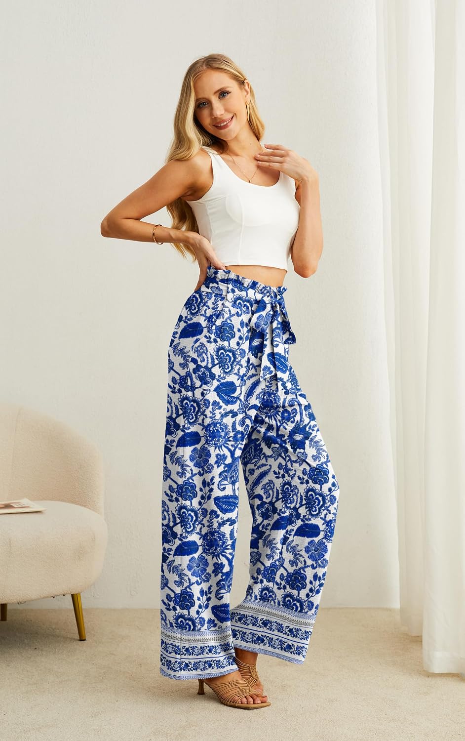 Thumbnail 2 de IWOLLENCE Women High Waist Palazzo Pants with Adjustable Knot – Wide Leg, Pockets, Beach to Office