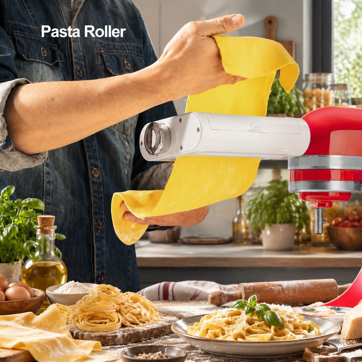 Detalle de ANTREE 3-1 Pasta Maker Attachment for KitchenAid: Roller, Spaghetti Cutter & Fettuccine Cutter