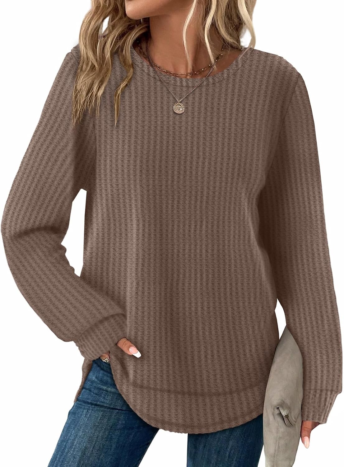 Detalle de WIHOLL Women's Waffle Knit Tunic Top, Long Sleeve, Curved Hem