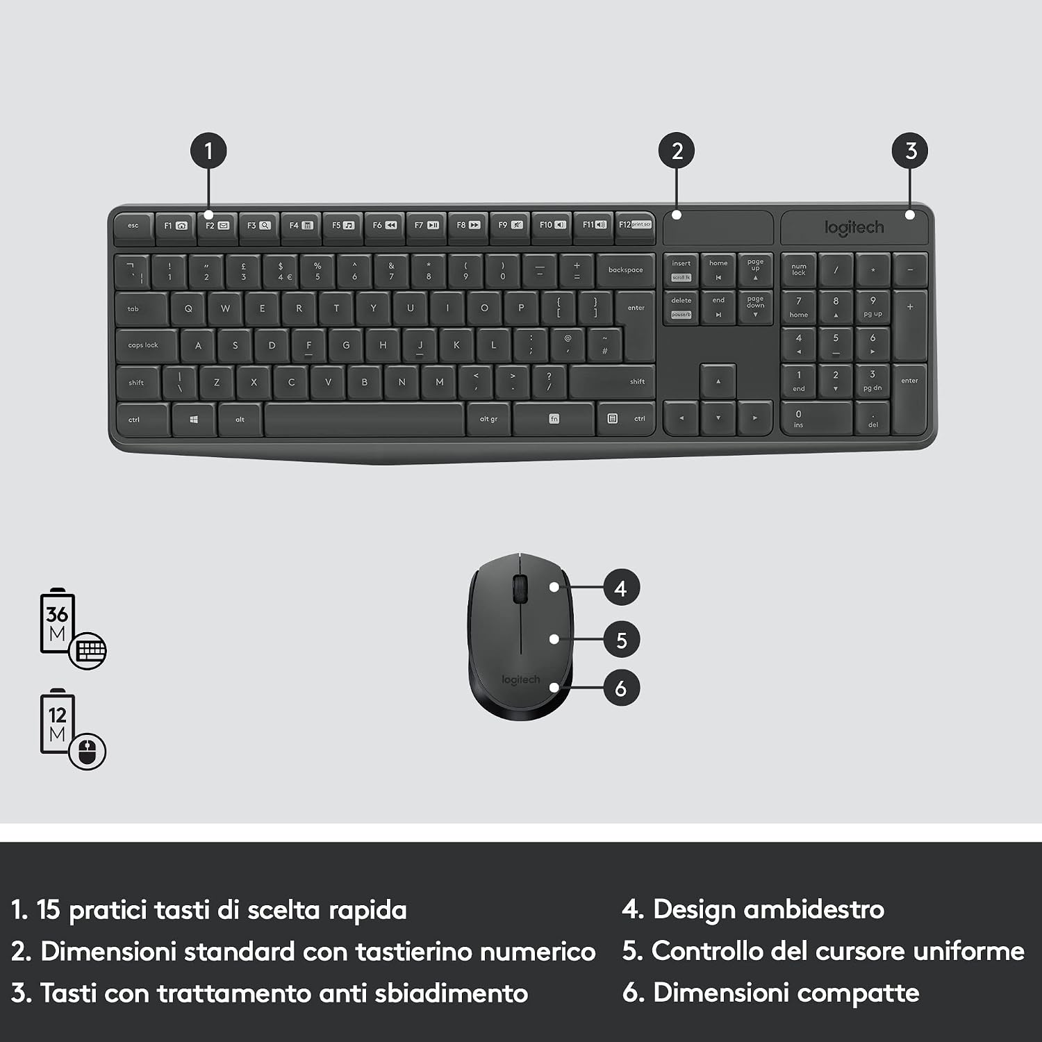 Detalle de Logitech MK235 Combo Tastiera e Mouse Wireless per Windows – Italiano QWERTY Grigio