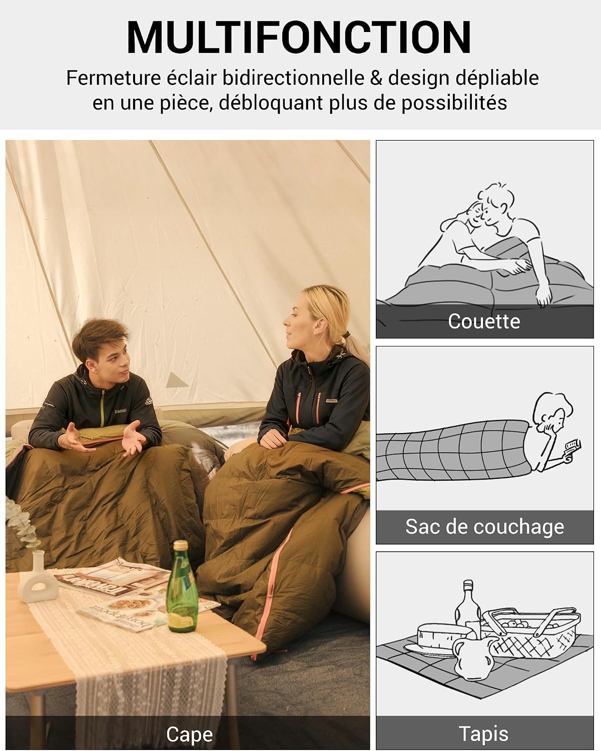 Detalle 2 de KingCamp Sac de couchage 3-4 saisons sarcophage en duvet et coton, 190+30 × 80 cm