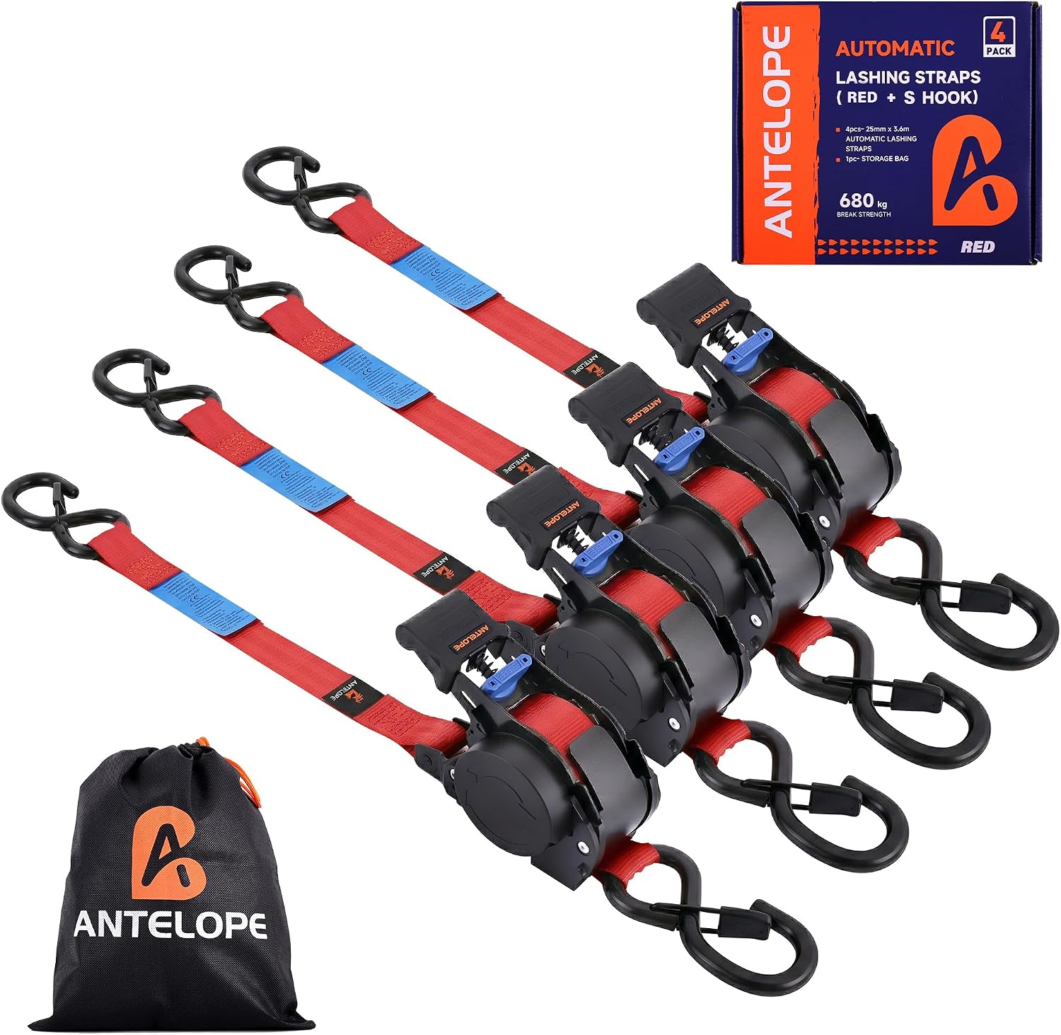 Detalle de A ANTELOPE Automatik Spanngurt 3,6 m x 25 mm, 4 Stück – Selbsteinziehend, 680 KG Tragkraft, mit S-Haken und Sicherheitsverschluss
