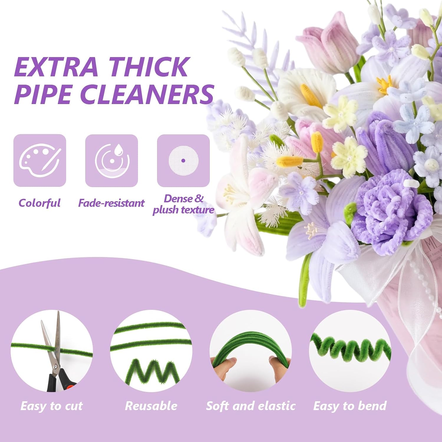 Detalle de 1050 PCS Pipe Cleaner Flower Kit: 15 Colors, Floral Stems, and DIY Craft Essentials