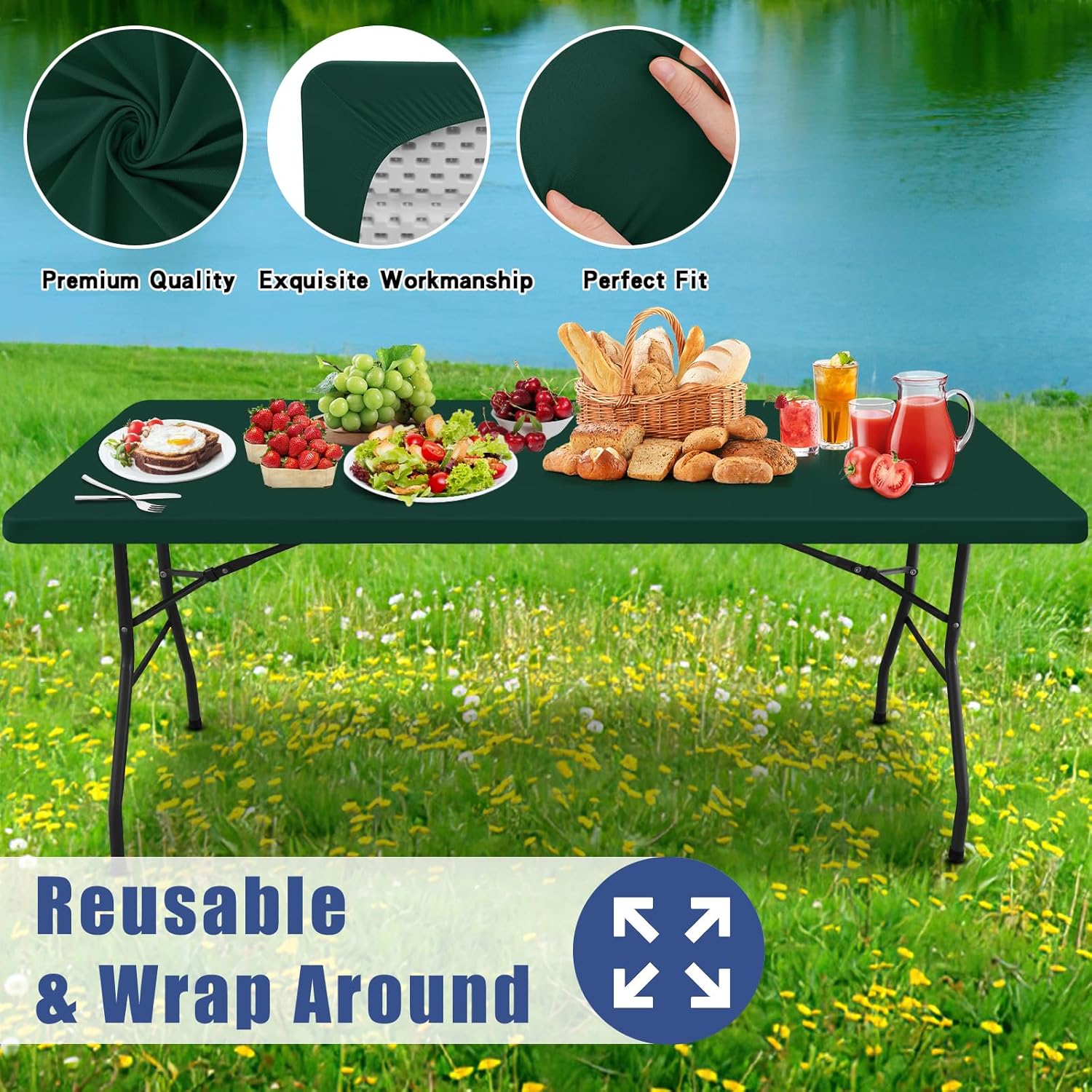 Thumbnail 4 de Moosfor Spandex 4-Foot Rectangle Table Cloth (2 Pack) — Hunter Green Elastic Fitted Outdoor Table Cover, 24"x48