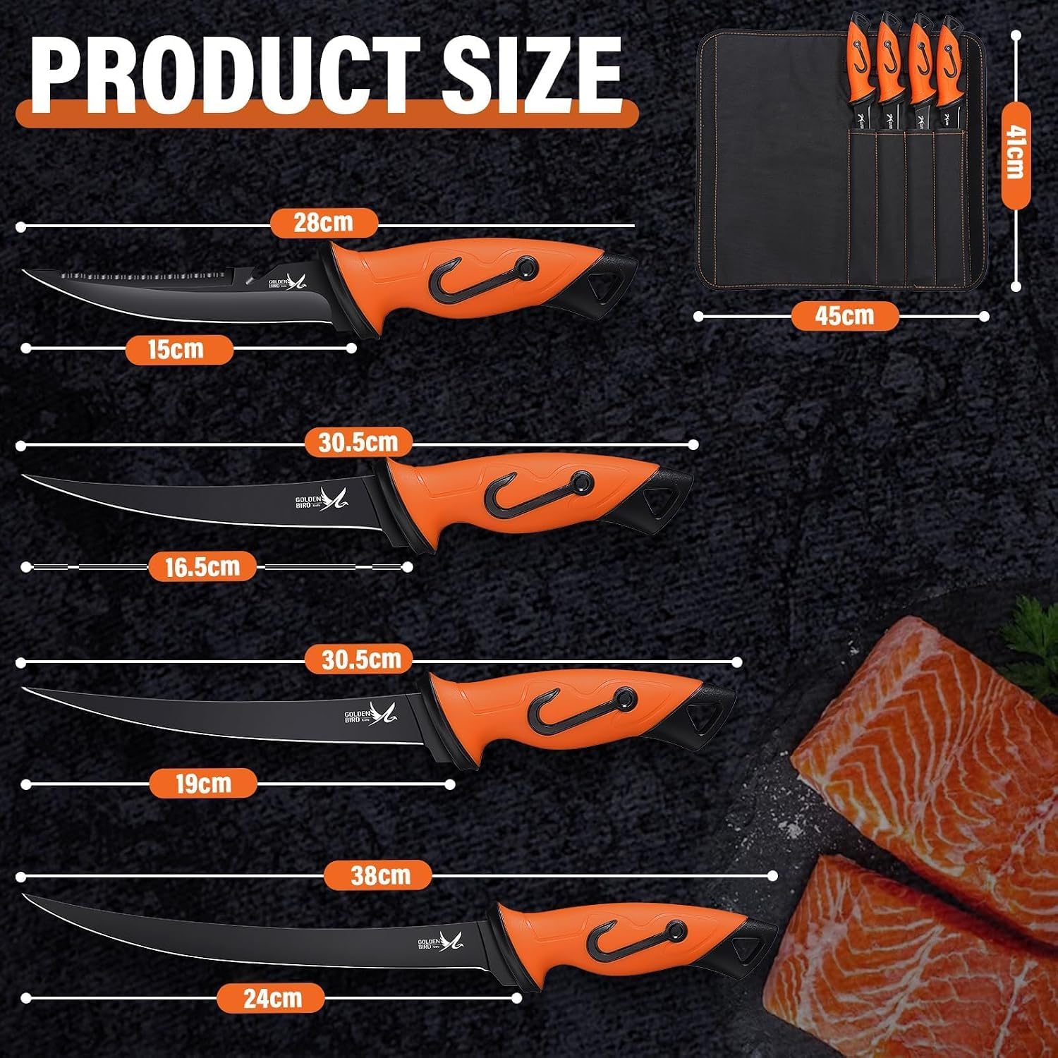 Detalle de Golden Bird 5-Piece Fish Fillet Knife Set, 5Cr15Mov Steel, Orange Handles