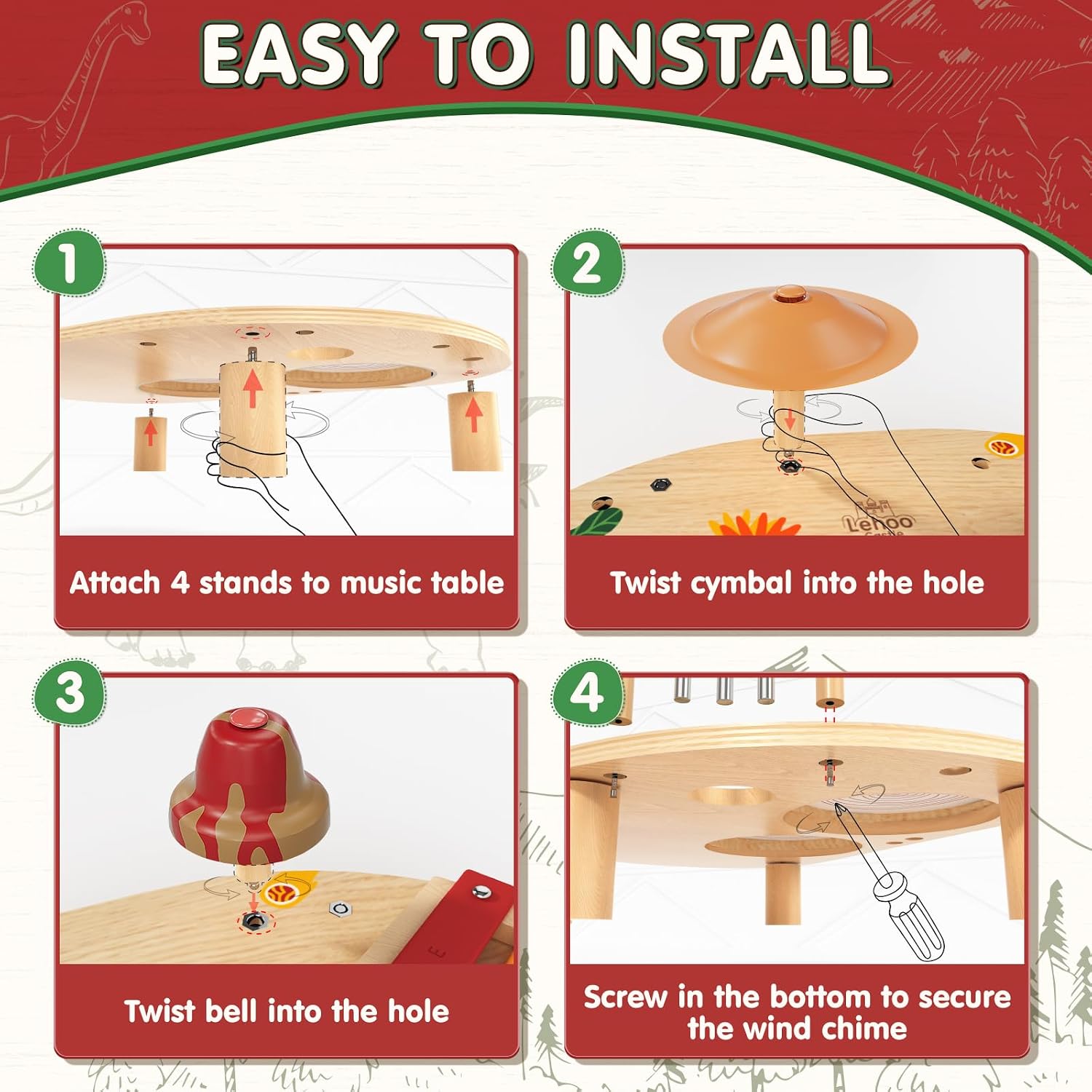 Detalle de Lehoo Castle 8‑in‑1 Musikinstrumente Tisch für Kleinkinder (1–3 Jahre) – Holz-Dinosaurier, Montessori‑Lernspielzeug